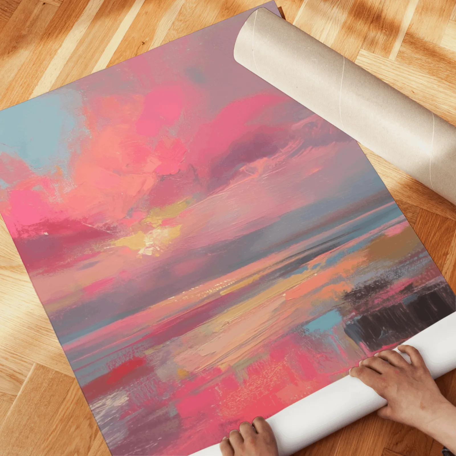 pink coastal sunset abstract triptych wall art, unrolled across a herringbone wood floor by hand