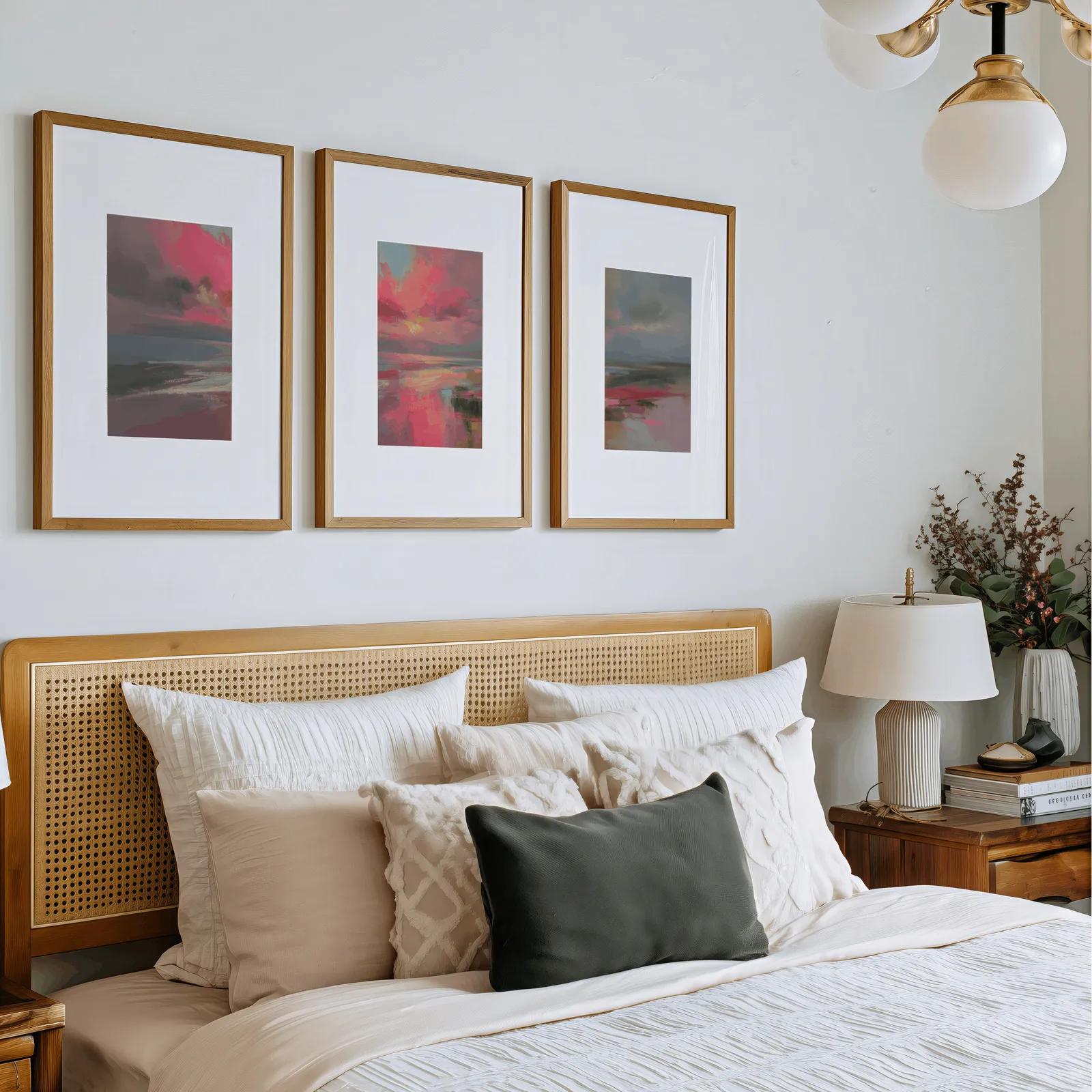 pink coastal sunset abstract triptych wall art, above a rattan headboard piled with pillows