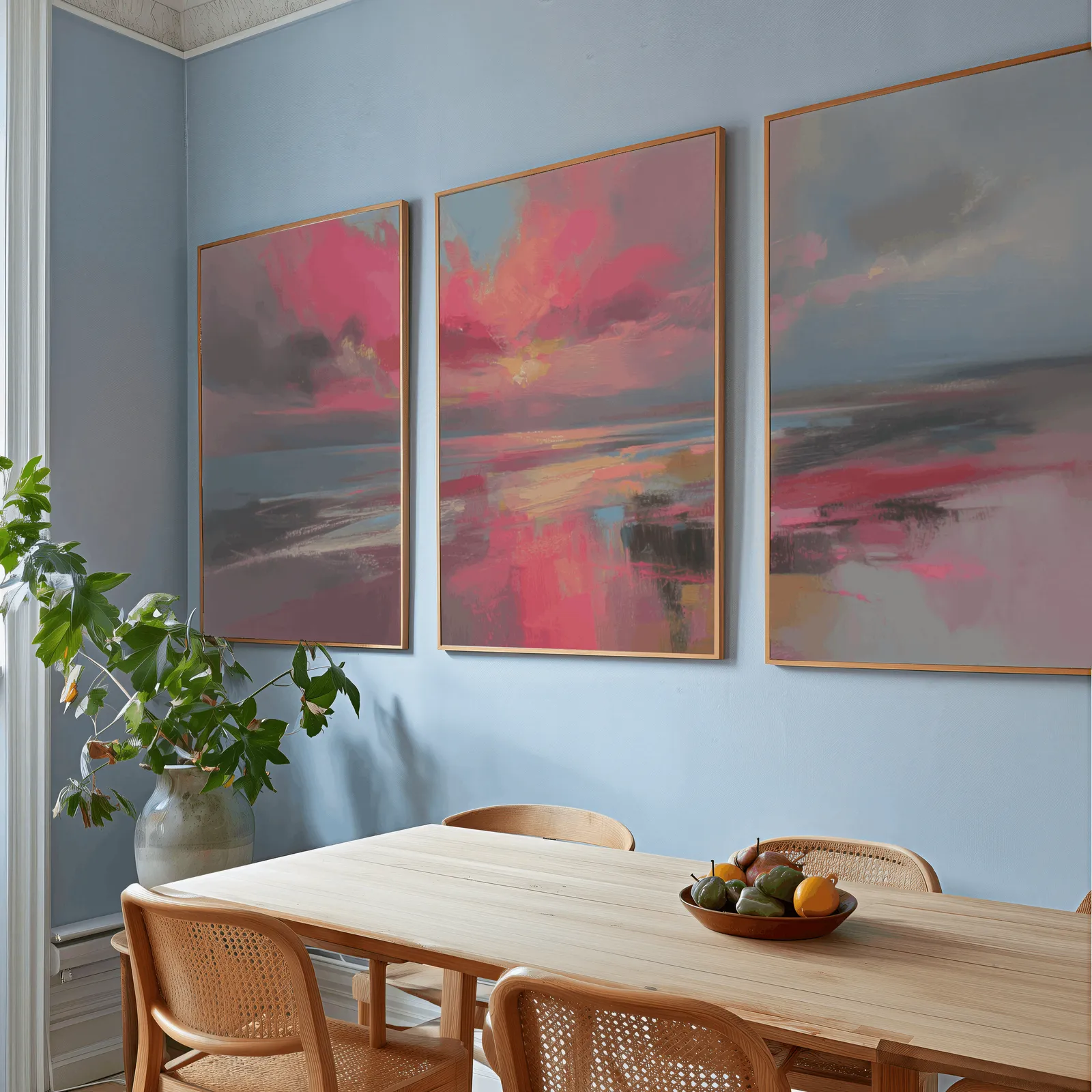 pink coastal sunset abstract triptych wall art, above a wooden dining table with cane chairs and a fruit bowl