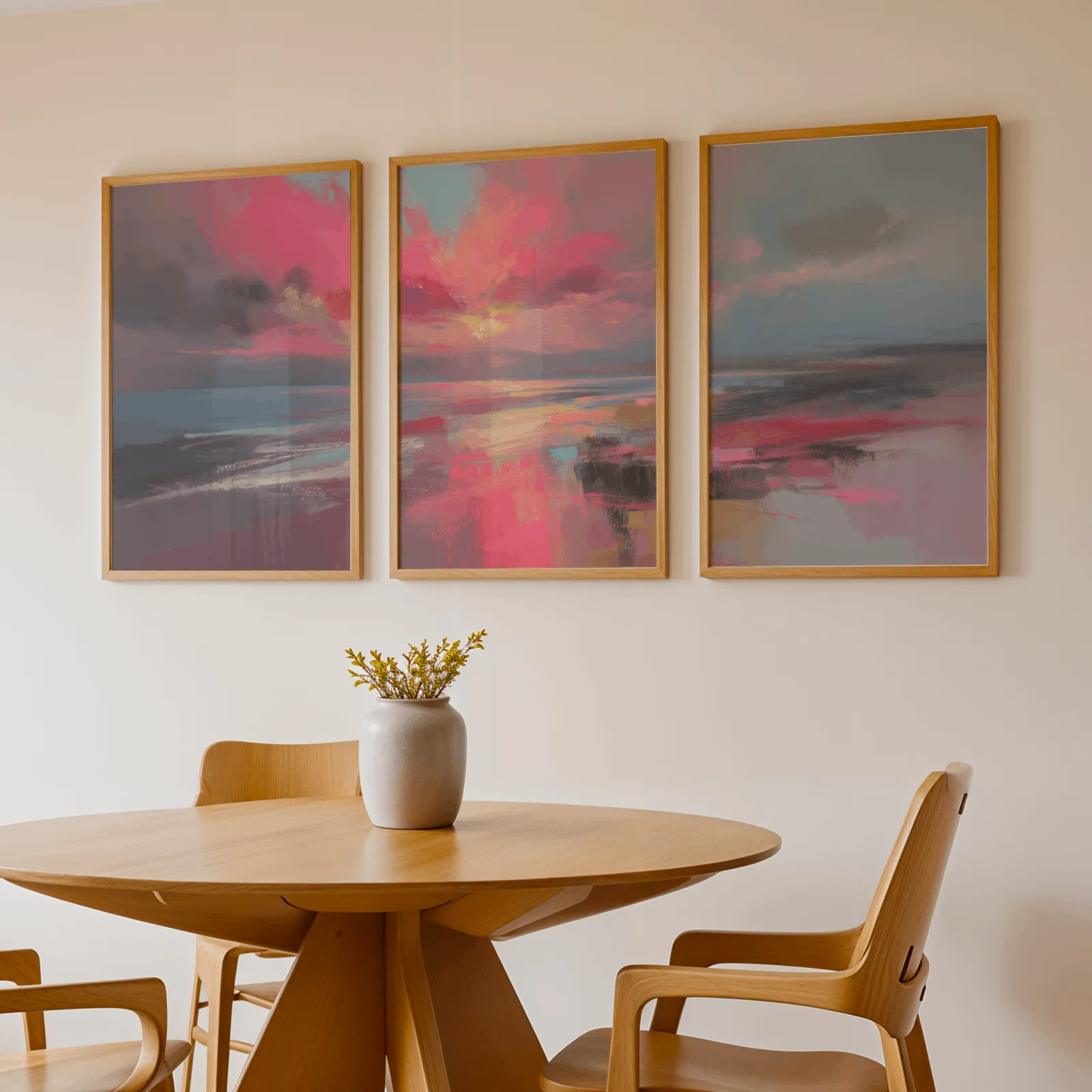 pink coastal sunset abstract triptych wall art, above a round wooden table with a stoneware vase