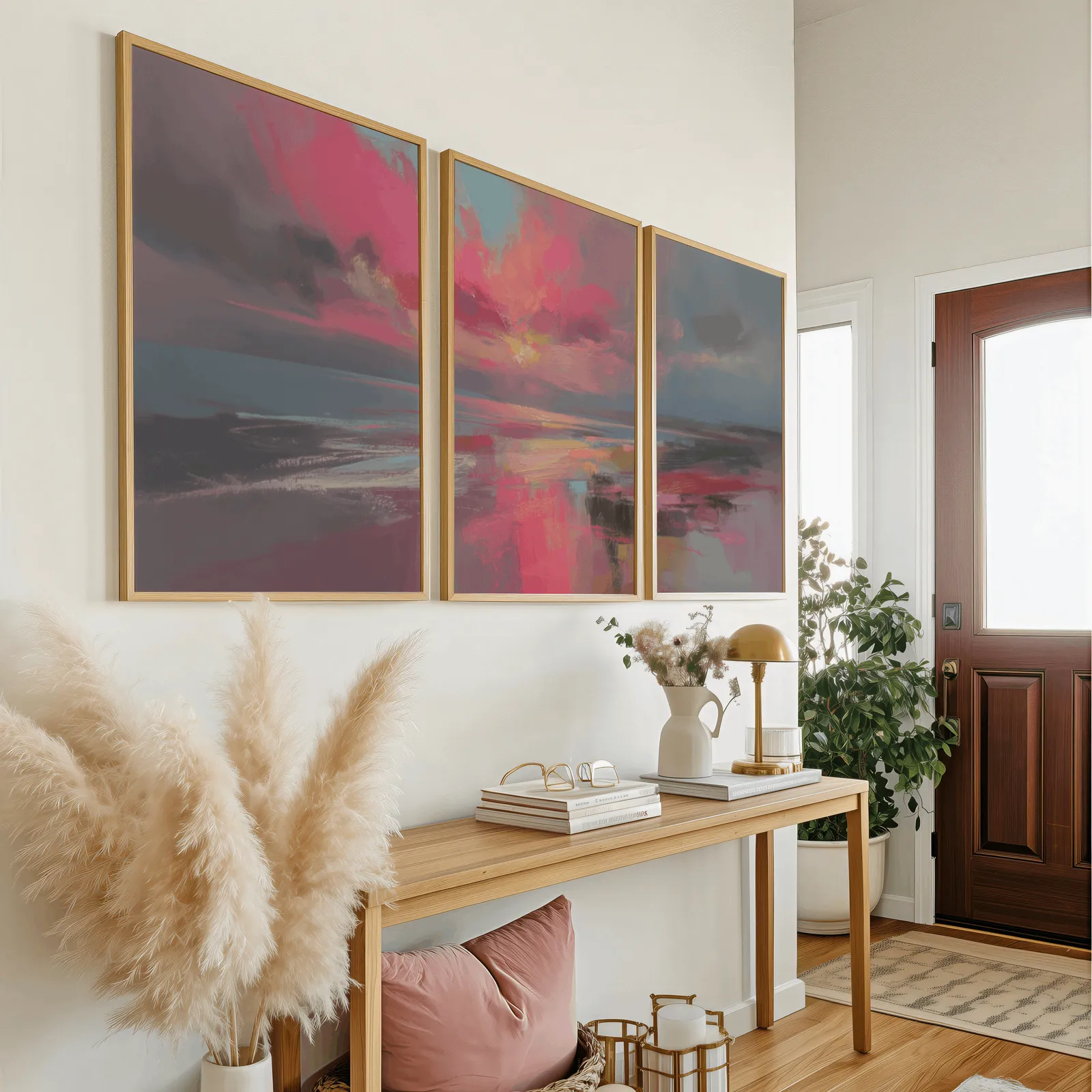 pink coastal sunset abstract triptych wall art, above a wooden console table near the entry door