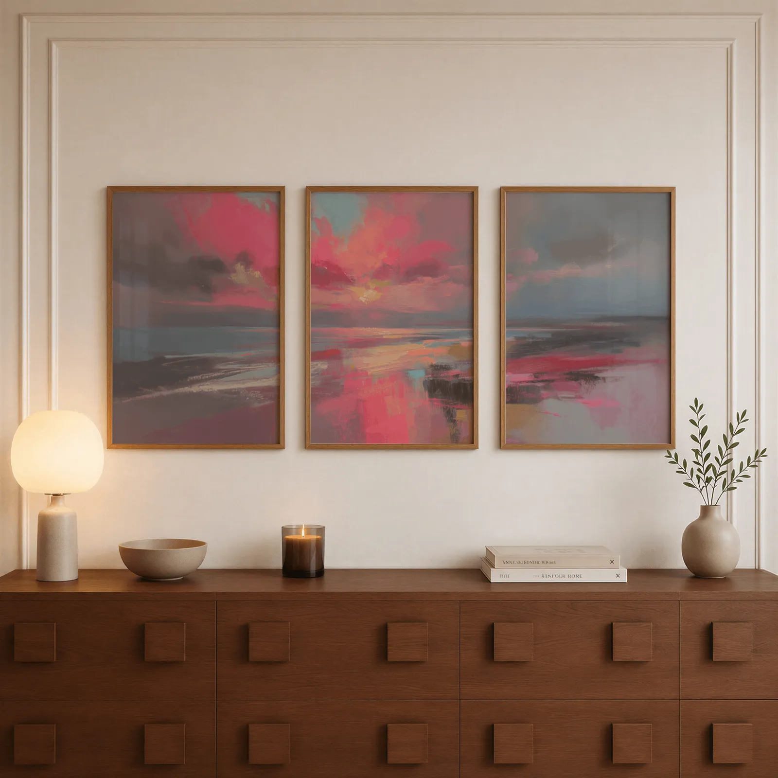 pink coastal sunset abstract triptych wall art, above a walnut sideboard with a lit candle and glowing lamp