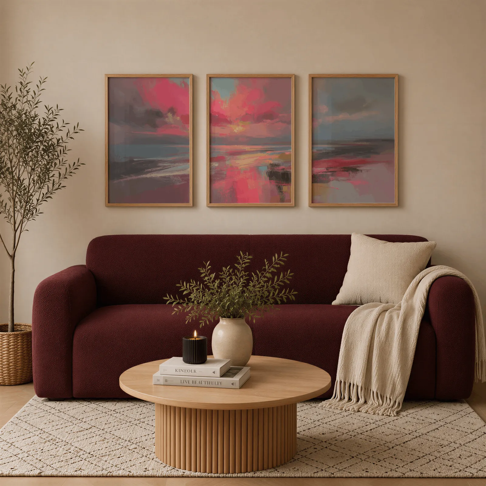 pink coastal sunset abstract triptych wall art, above a burgundy boucle sofa with a cream throw