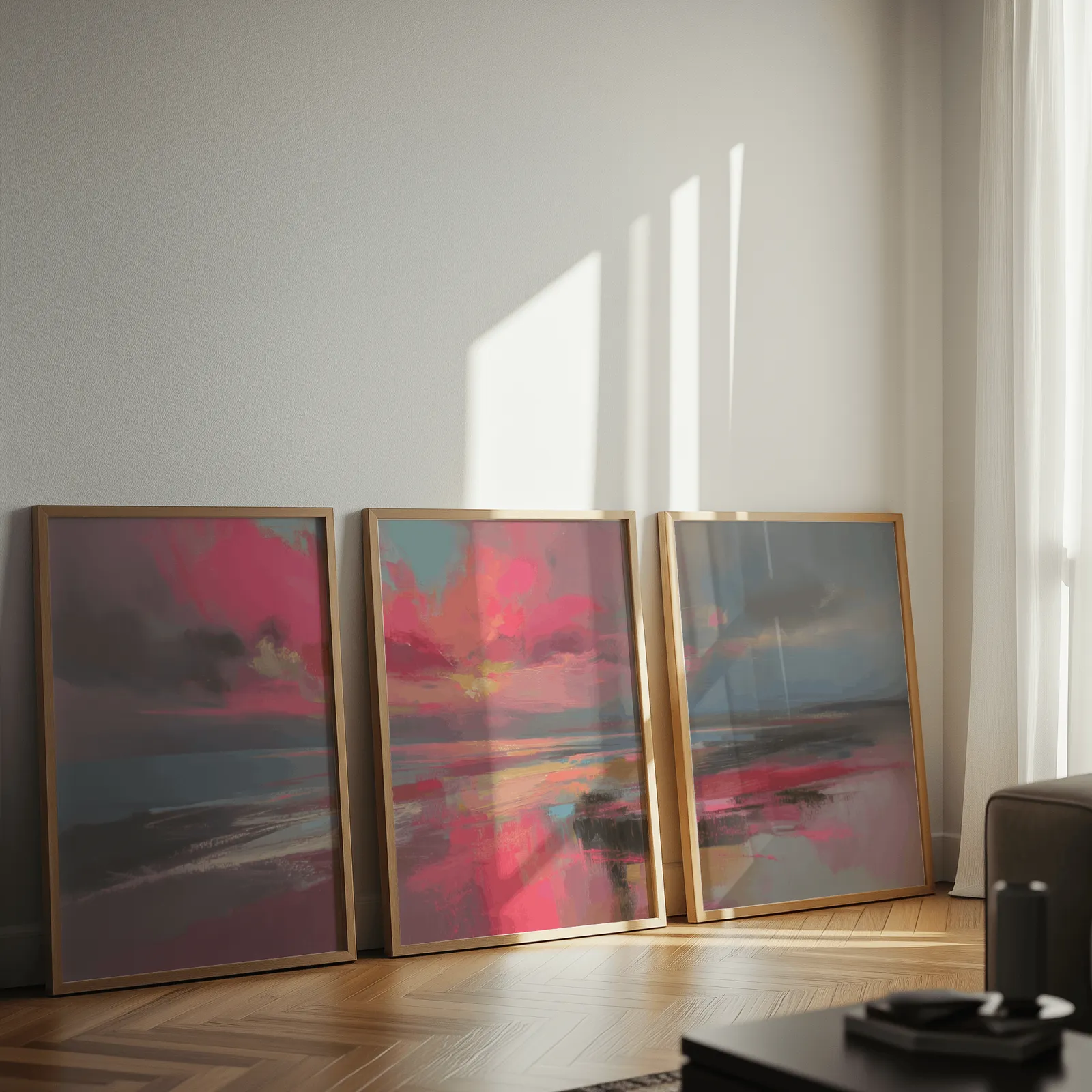 pink coastal sunset abstract triptych wall art, leaning against a sunlit wall on herringbone flooring