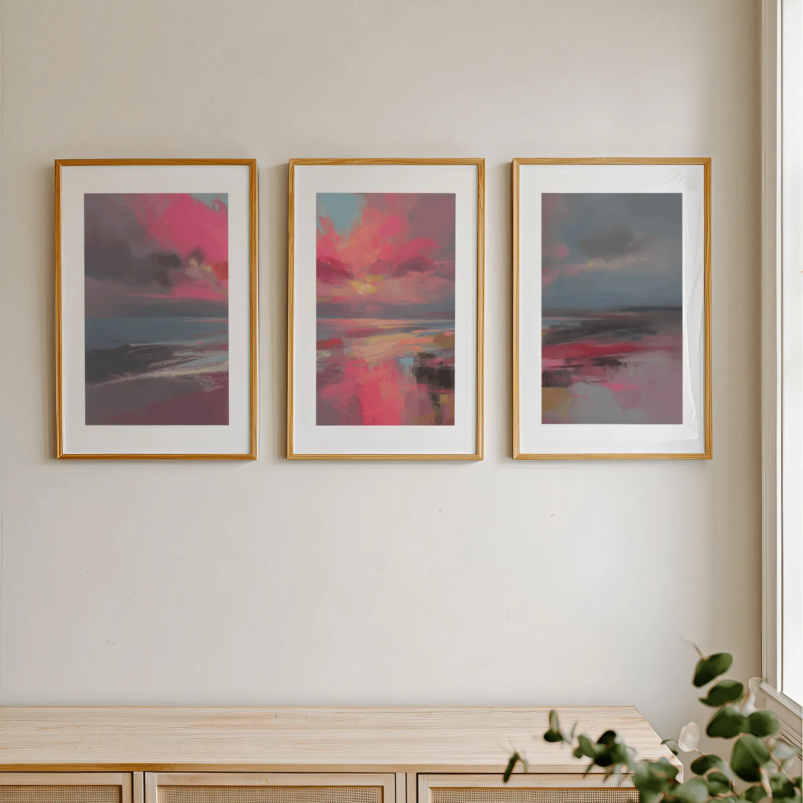 pink coastal sunset abstract triptych wall art, in a row above a light wooden sideboard near a window