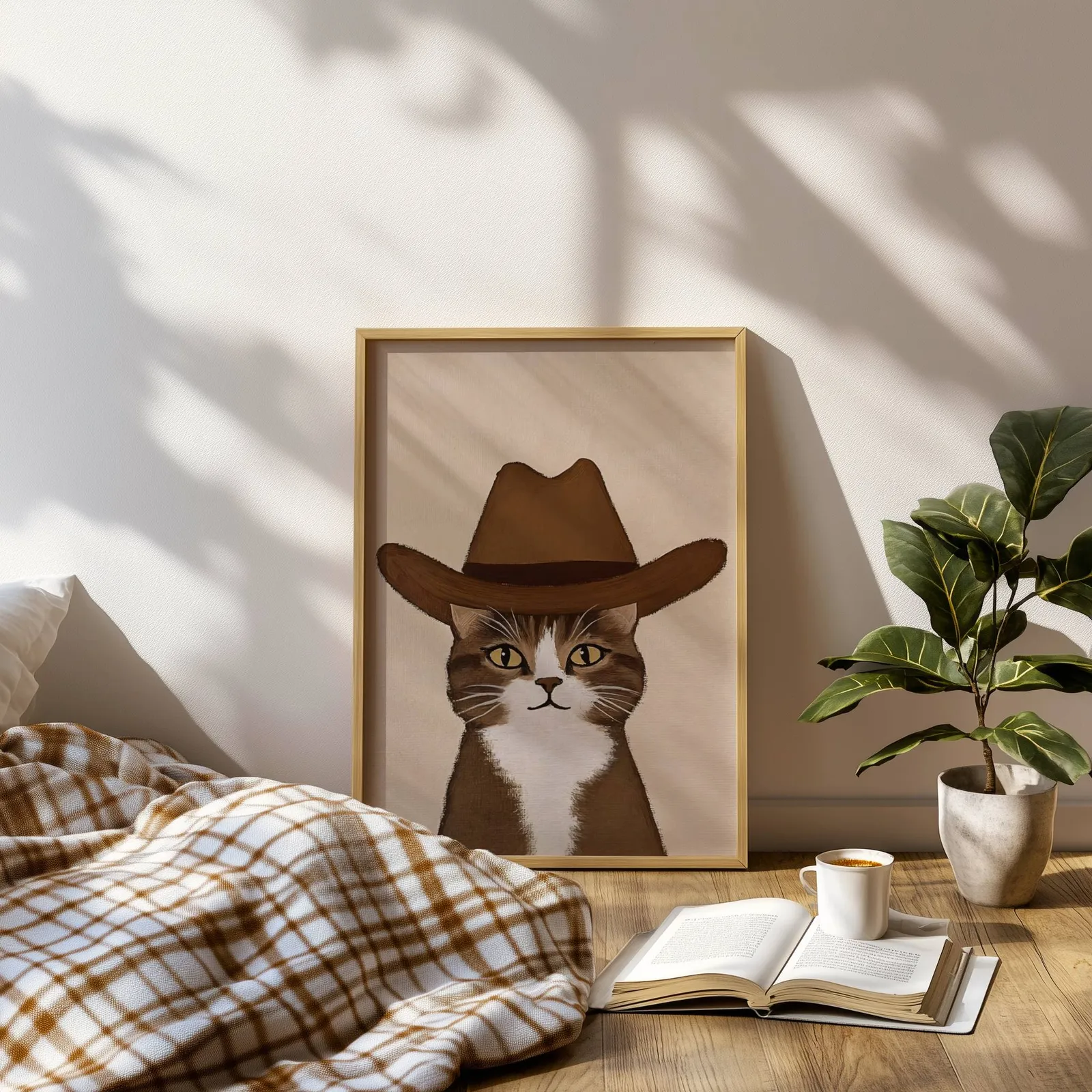 cowboy cat portrait western wall art, leaning on a sunlit floor beside a plaid blanket and open book