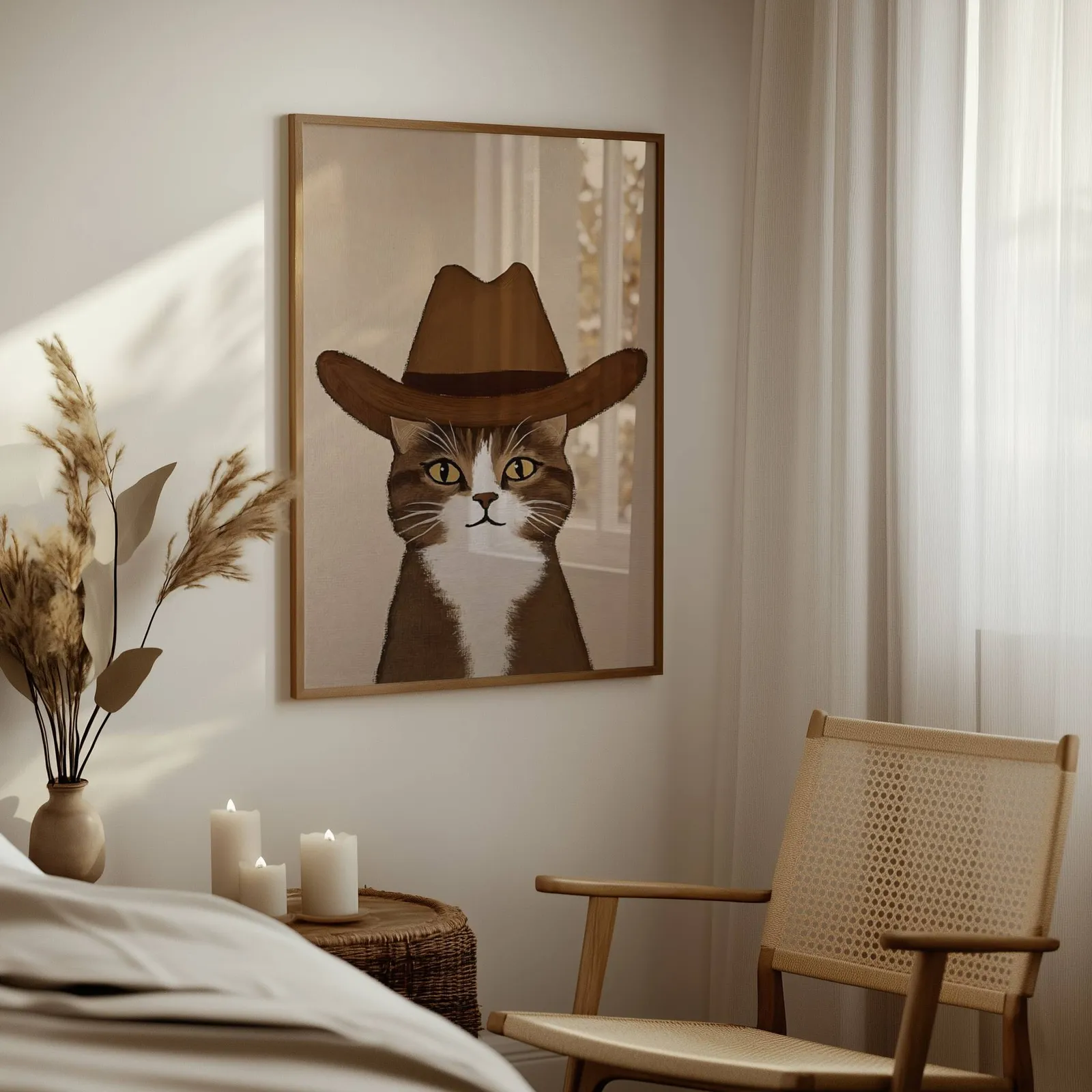 cowboy cat portrait western wall art, above a woven side table with lit candles and pampas grass