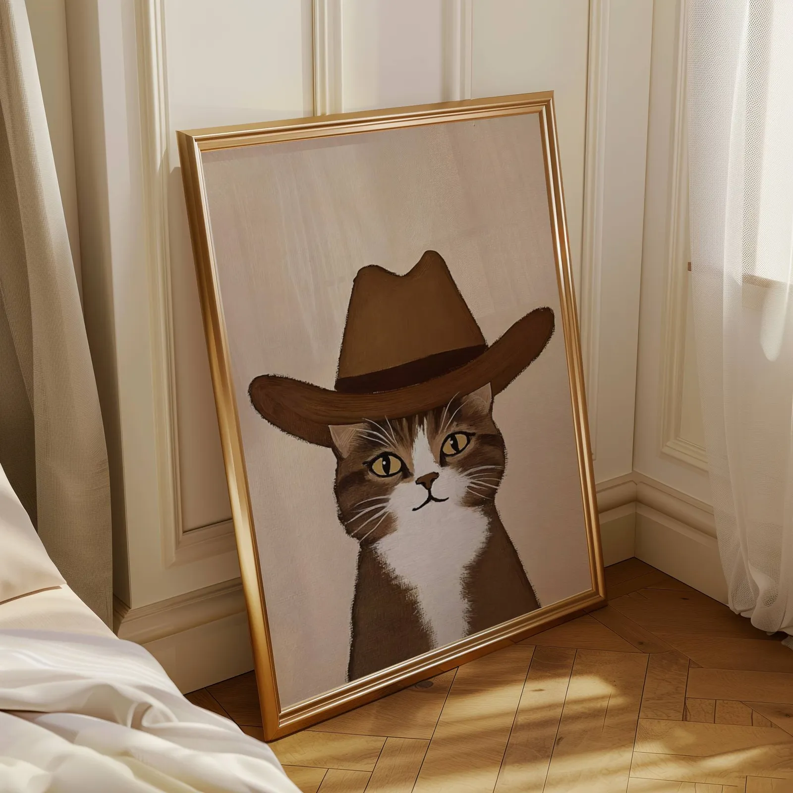 cowboy cat portrait western wall art, leaning in a sunlit corner beside sheer curtains and herringbone floor