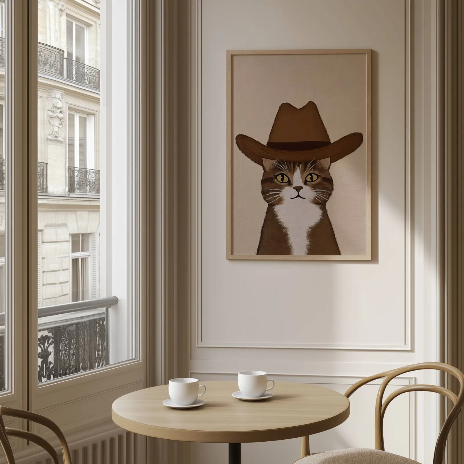 cowboy cat portrait western wall art, above a round café table set with two coffee cups