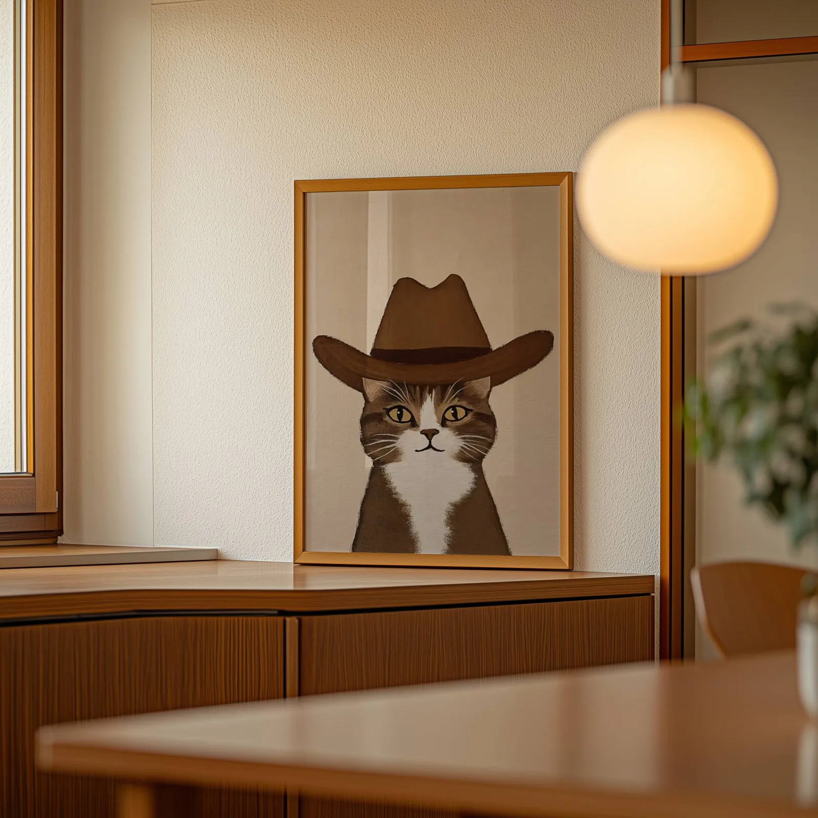 cowboy cat portrait western wall art, leaning on a wooden sideboard beside a glowing globe pendant