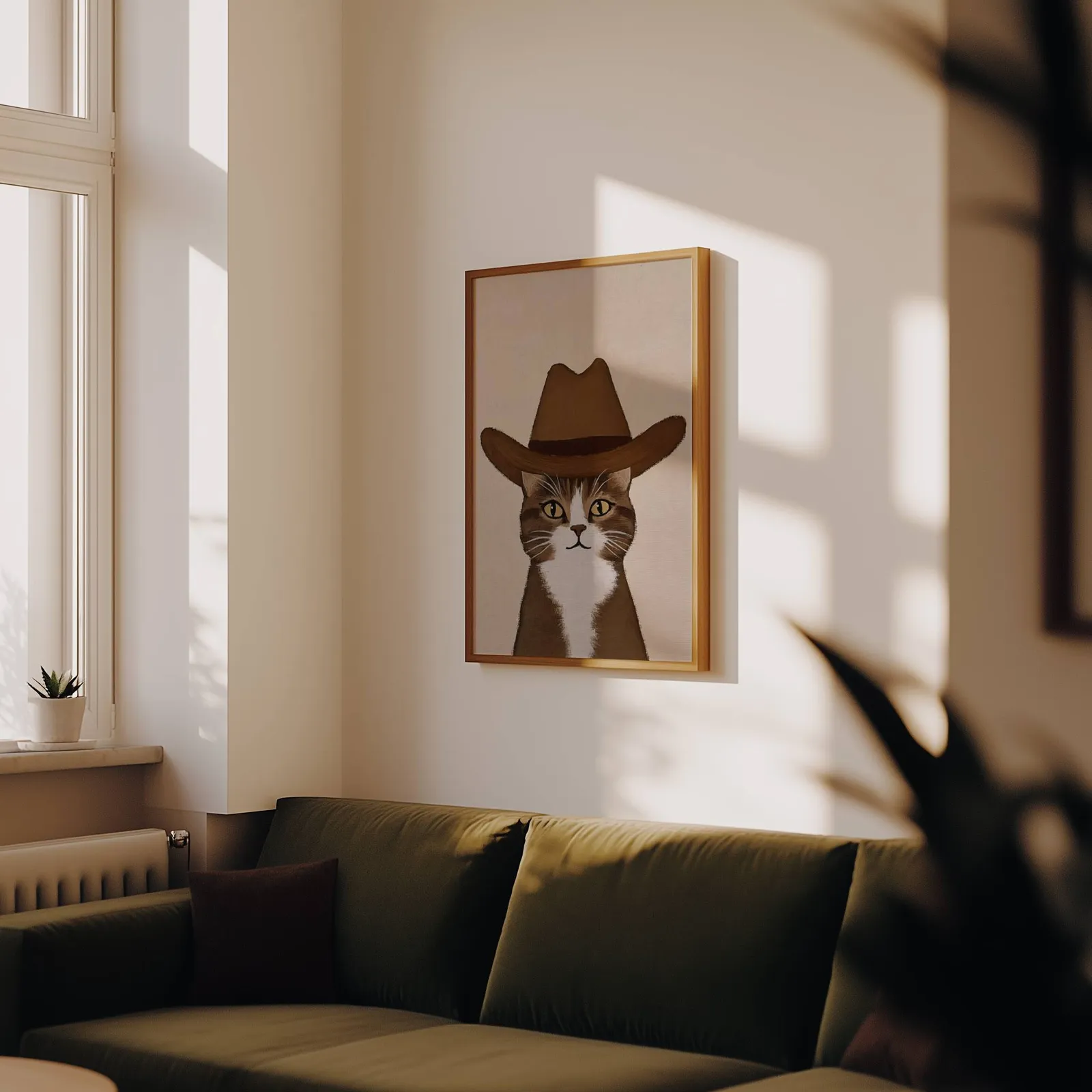 cowboy cat portrait western wall art, above an olive velvet sofa in raking afternoon light