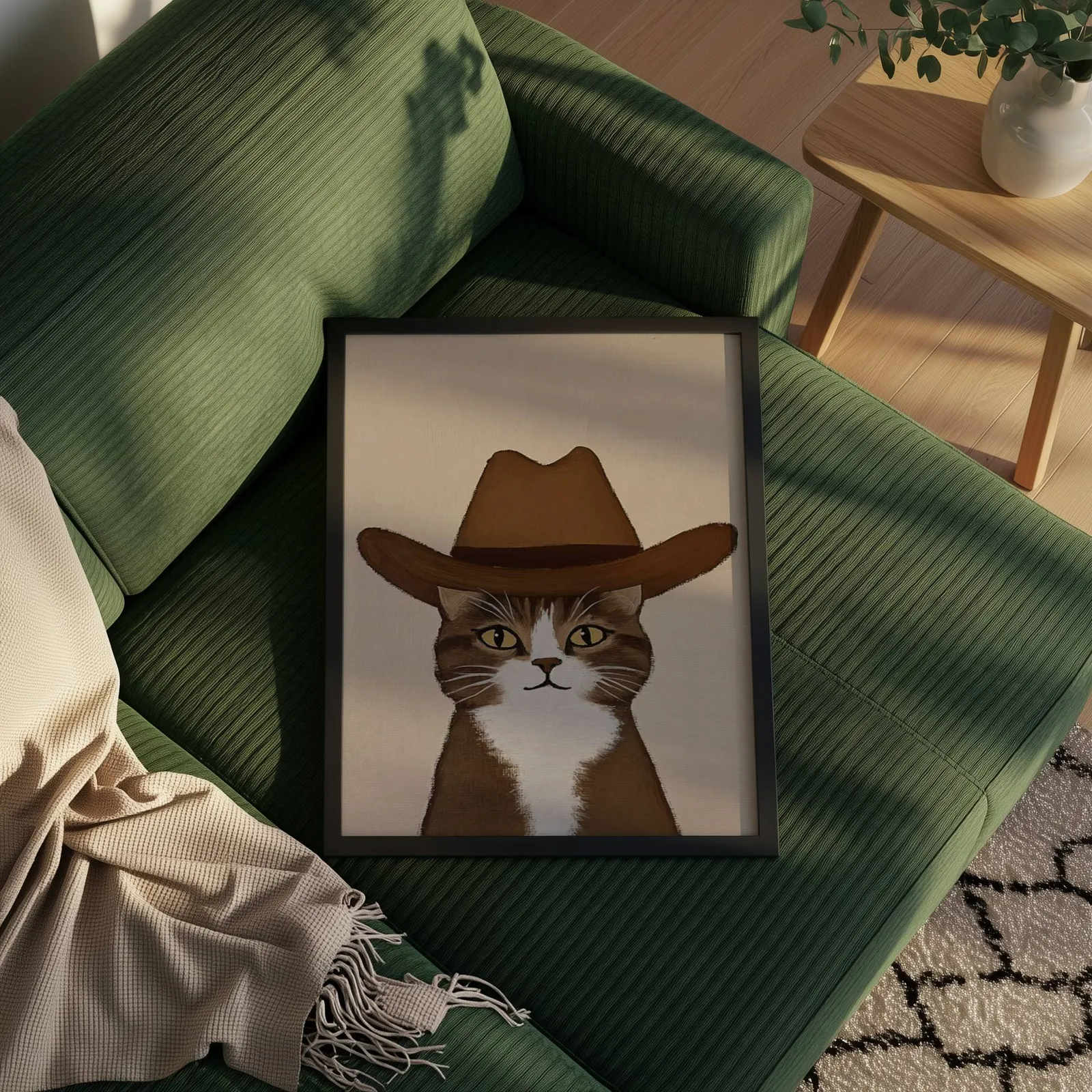 cowboy cat portrait western wall art, propped on a ribbed olive-green sofa beside a fringed throw