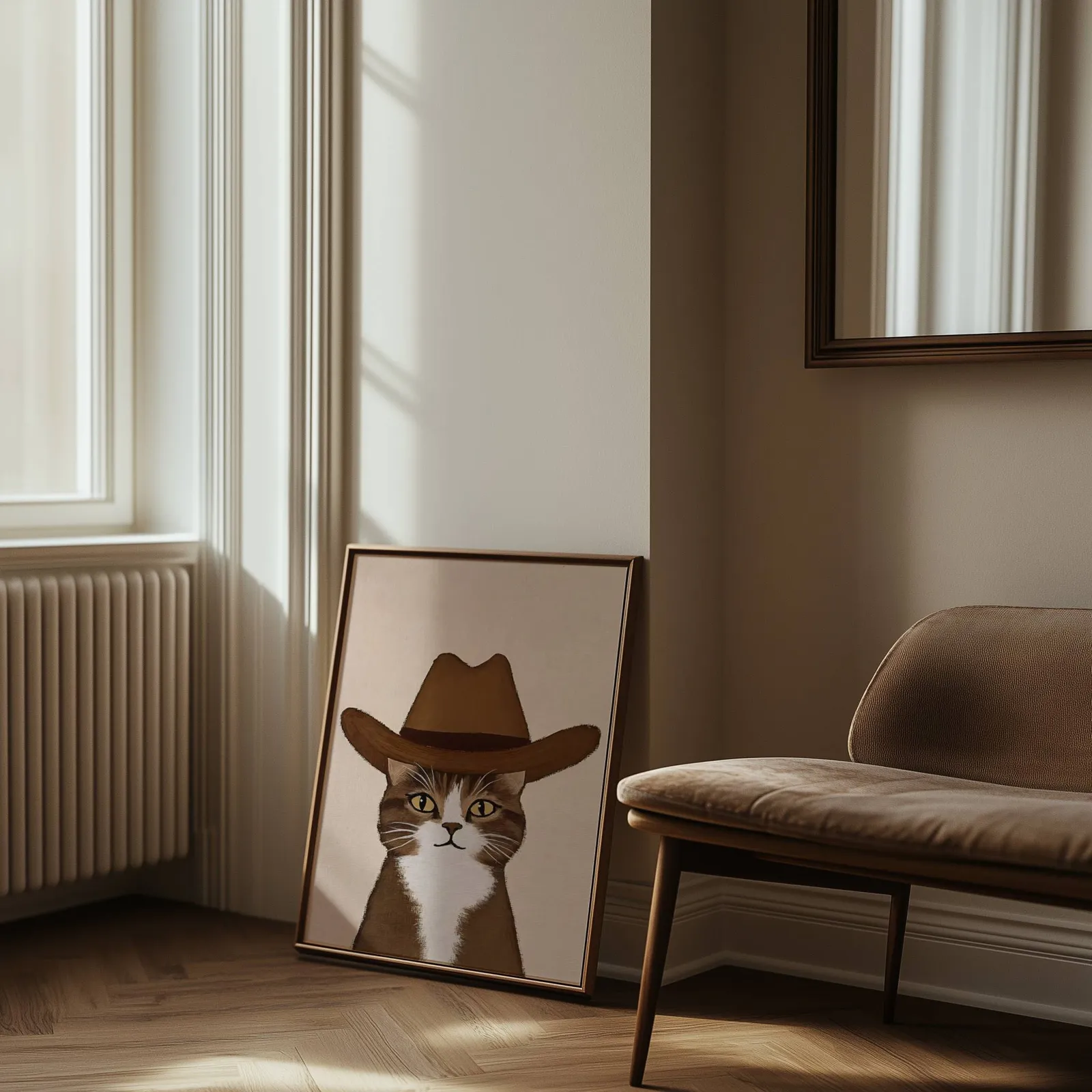 cowboy cat portrait western wall art, leaning against the wall beside a sunlit radiator and herringbone floor