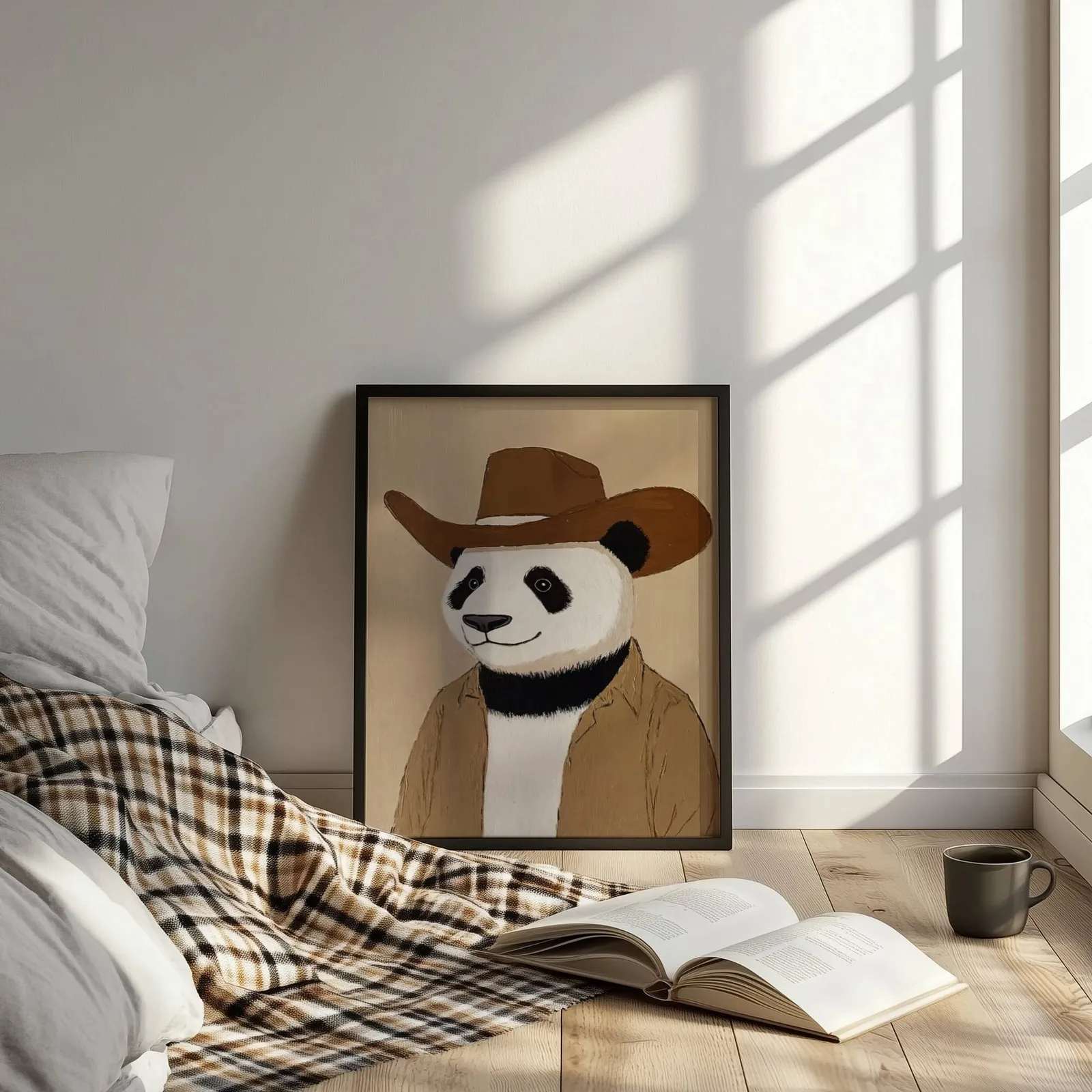panda cowboy western wall art, leaning on the floor beside a plaid throw and open book