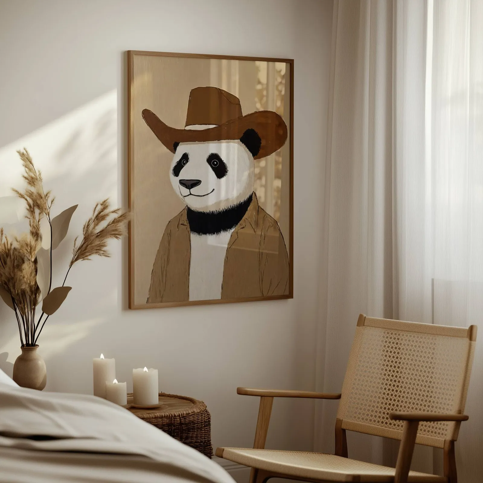 panda cowboy western wall art, above a woven side table with lit candles and pampas grass
