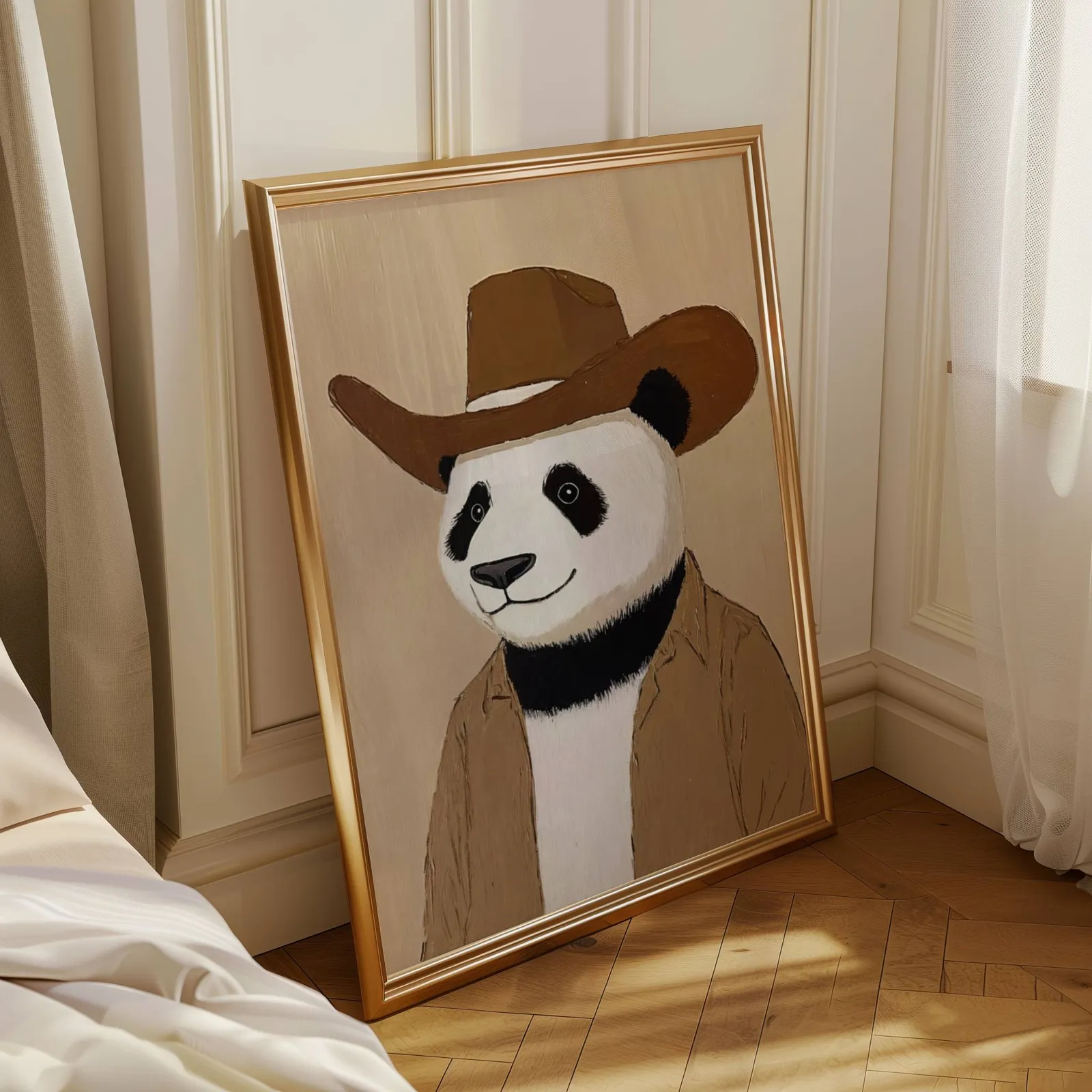 panda cowboy western wall art, leaning in a sunlit corner beside sheer curtains and herringbone floor