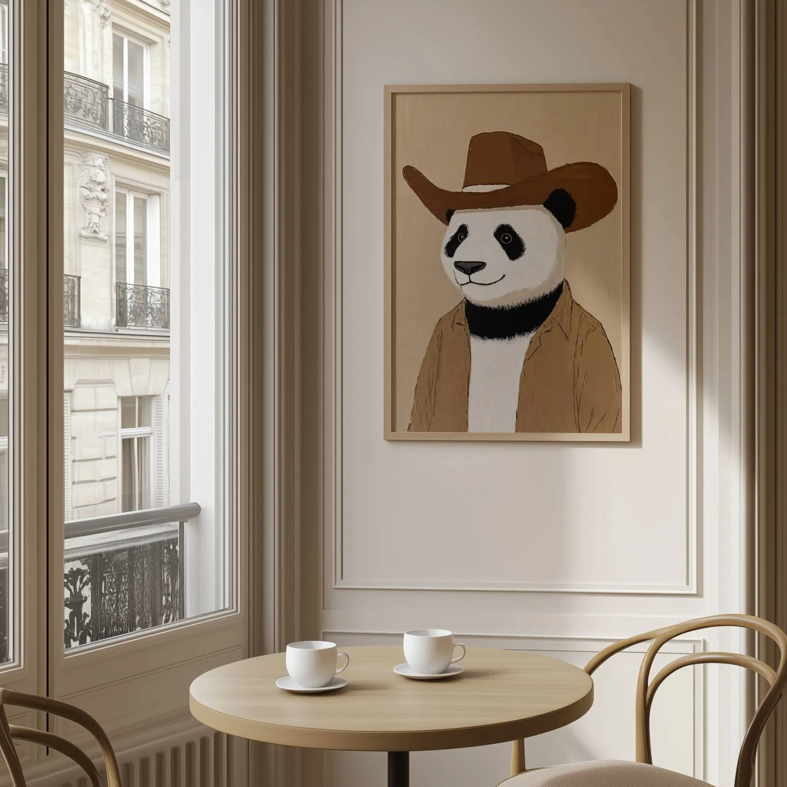 panda cowboy western wall art, above a round café table set with two coffee cups