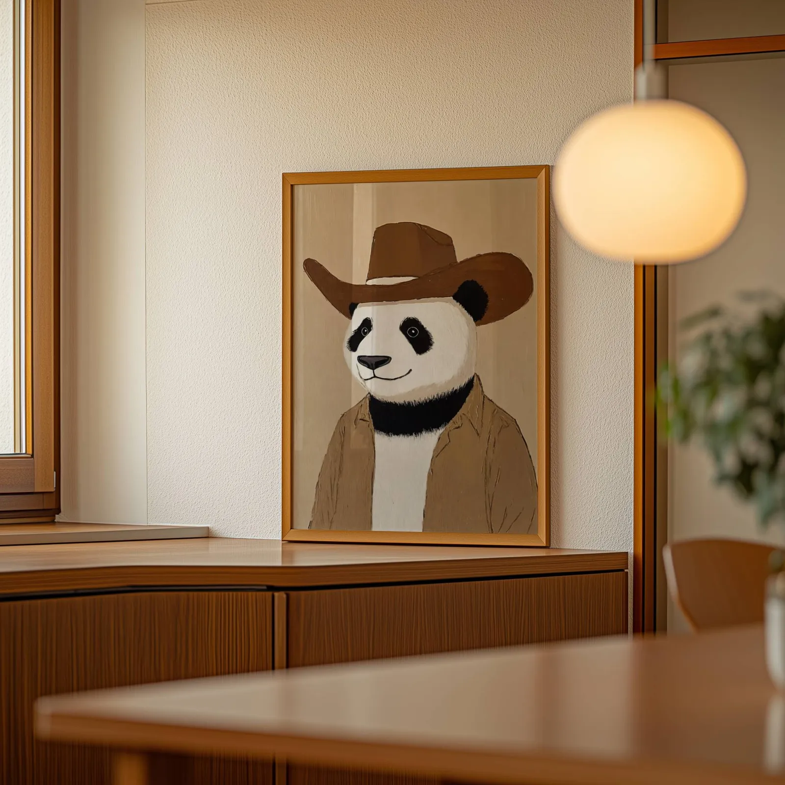 panda cowboy western wall art, leaning on a wooden sideboard beside a glowing globe pendant