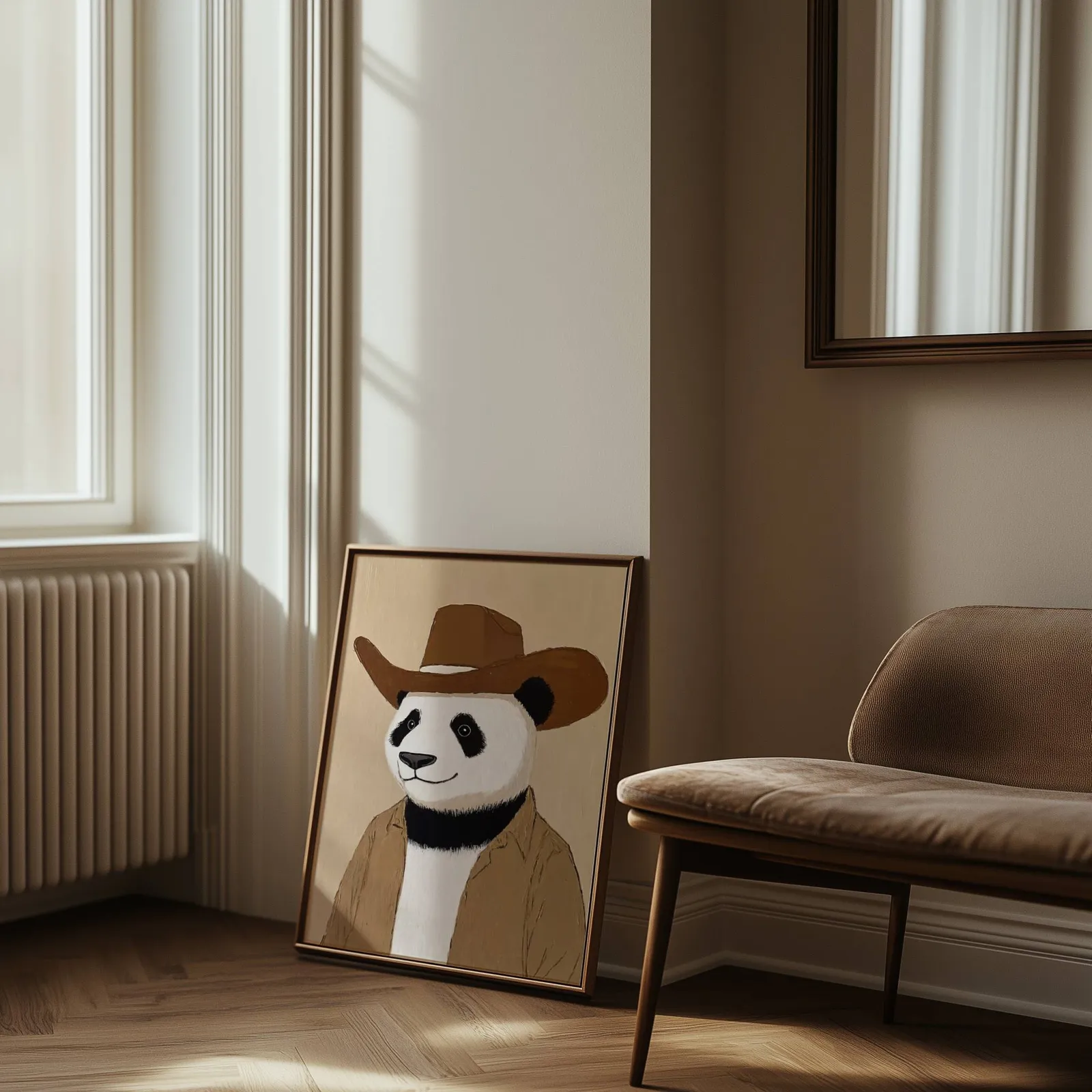 panda cowboy western wall art, leaning against the wall beside a sunlit radiator and herringbone floor