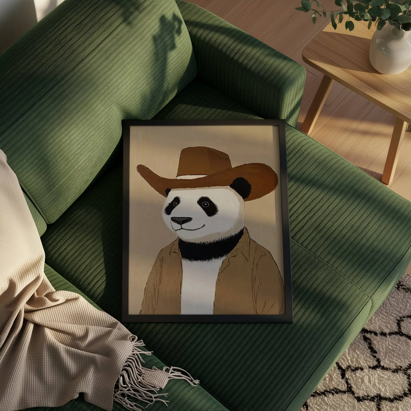 panda cowboy western wall art, propped on a ribbed olive-green sofa beside a fringed throw