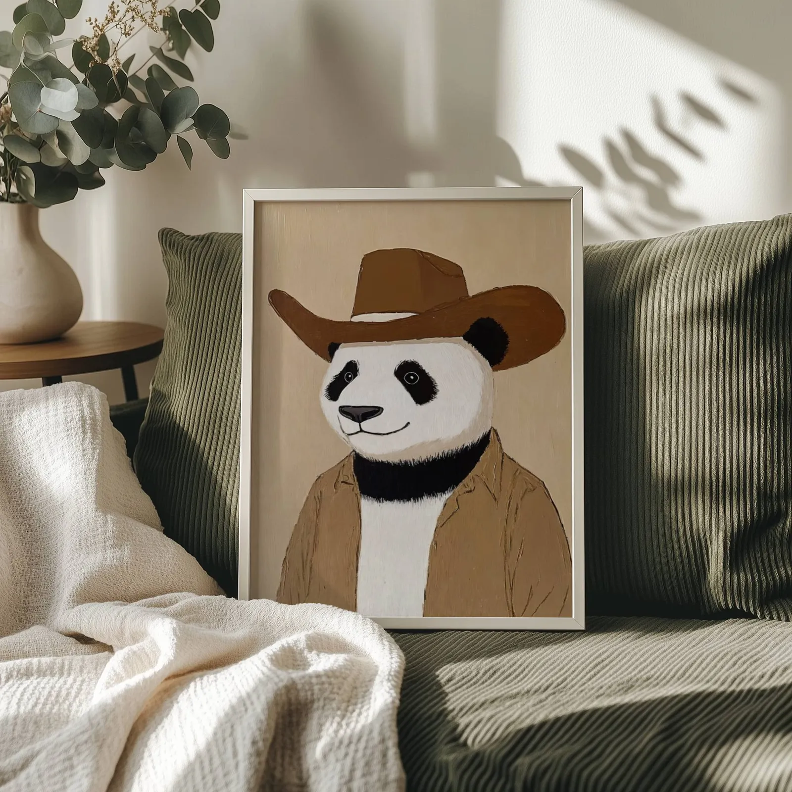 panda cowboy western wall art, propped on an olive corduroy sofa beside a eucalyptus vase