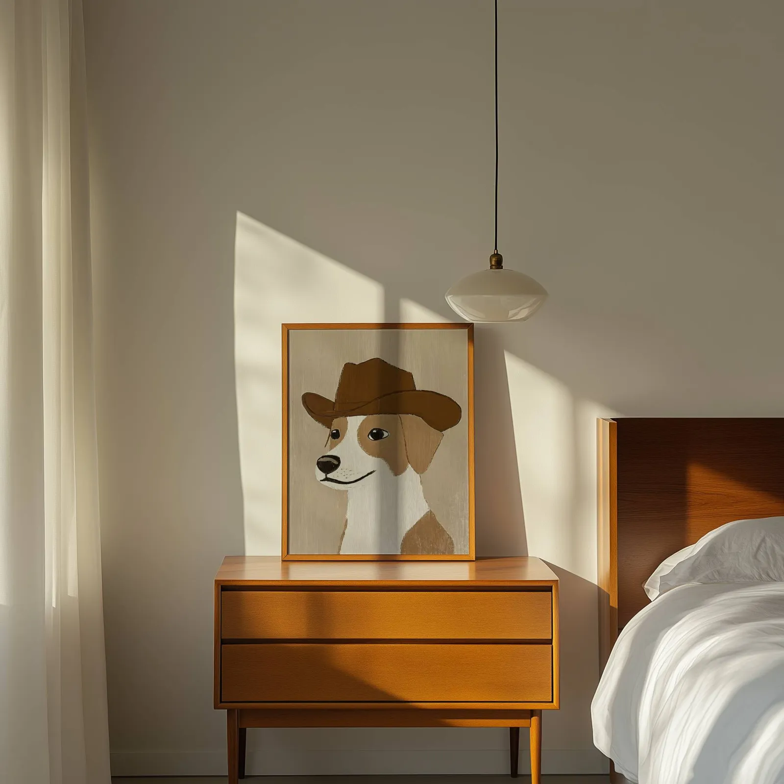 cowboy dog portrait western wall art, propped on a wooden dresser beside a pendant lamp