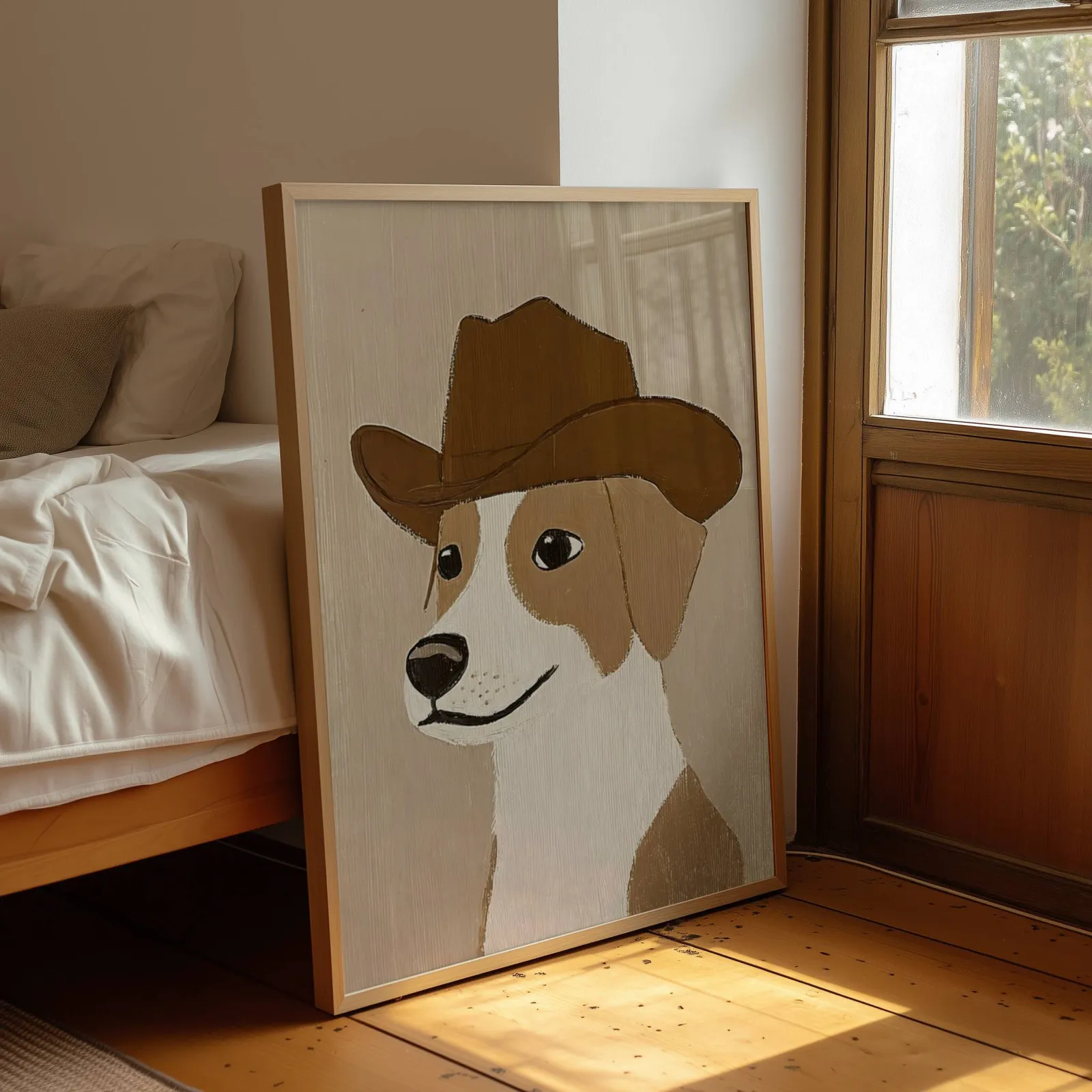 cowboy dog portrait western wall art, leaning by a sunlit window beside an unmade bed