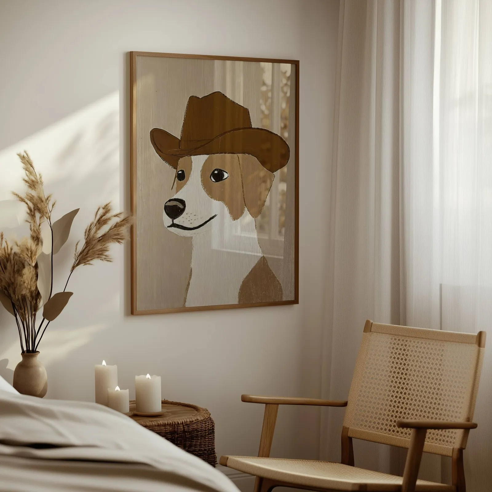 cowboy dog portrait western wall art, above a woven side table with lit candles and pampas grass