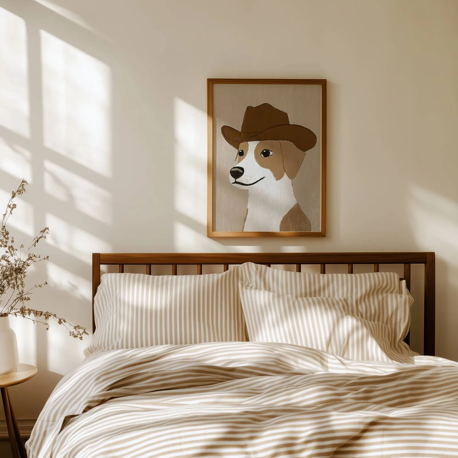 cowboy dog portrait western wall art, above a spindle headboard with striped linen bedding