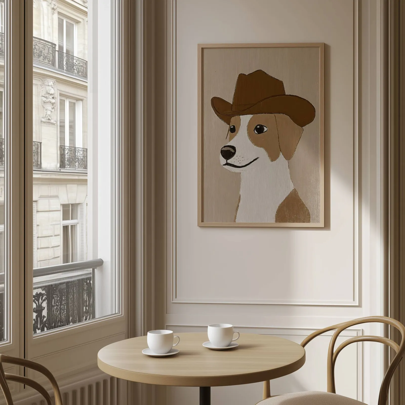 cowboy dog portrait western wall art, above a round café table set with two coffee cups