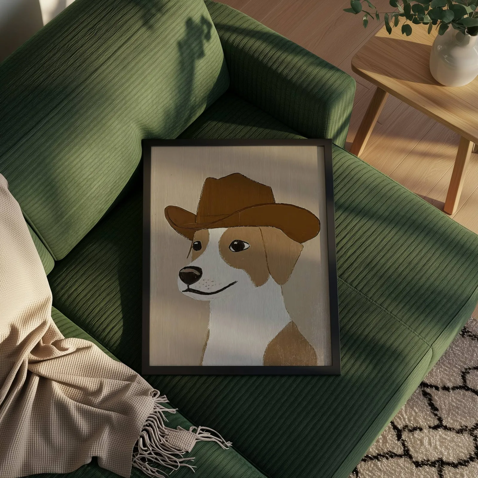 cowboy dog portrait western wall art, propped on a ribbed olive-green sofa beside a fringed throw