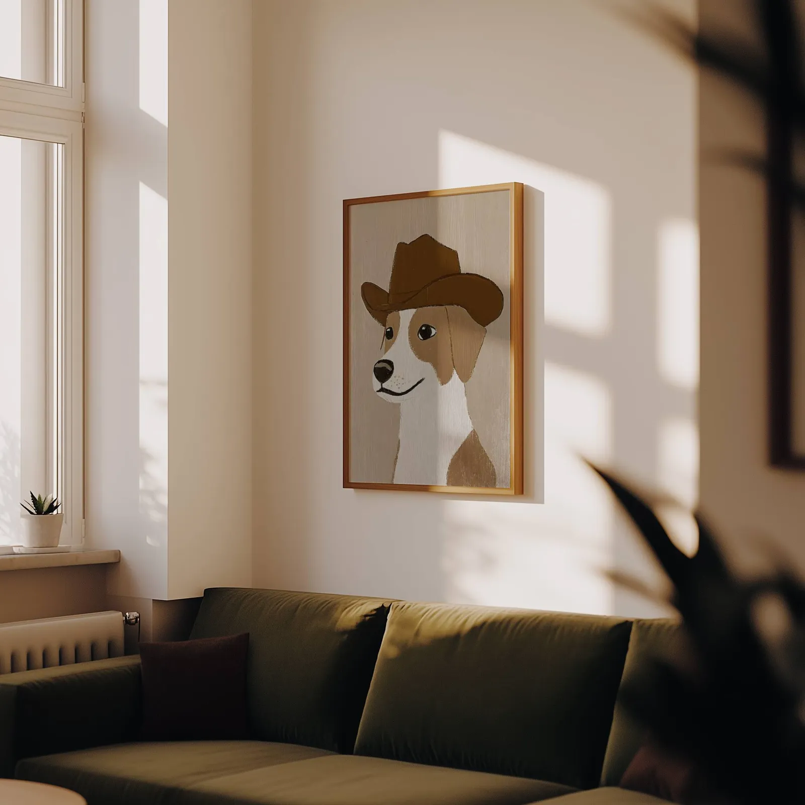 cowboy dog portrait western wall art, above an olive velvet sofa in raking afternoon light