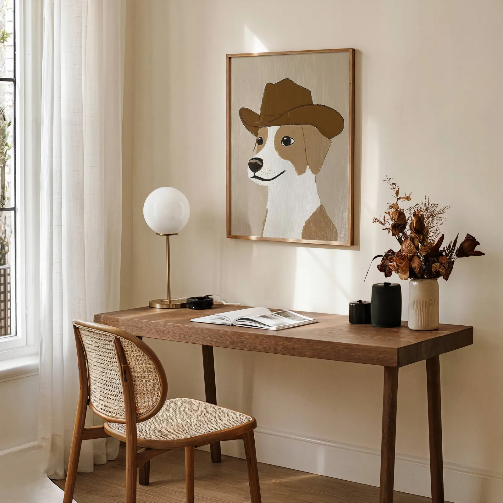 cowboy dog portrait western wall art, above a wooden desk with a globe lamp and dried flowers