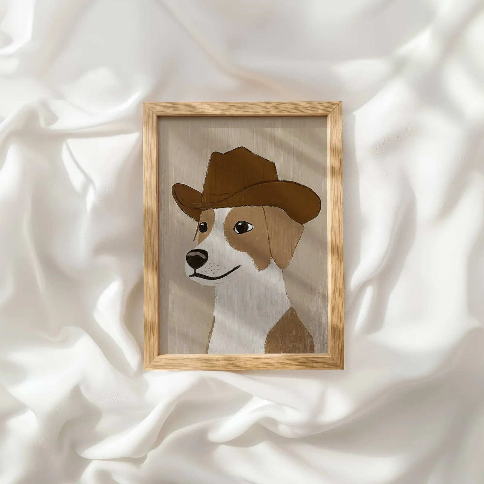 cowboy dog portrait western wall art, resting atop rumpled white silky fabric