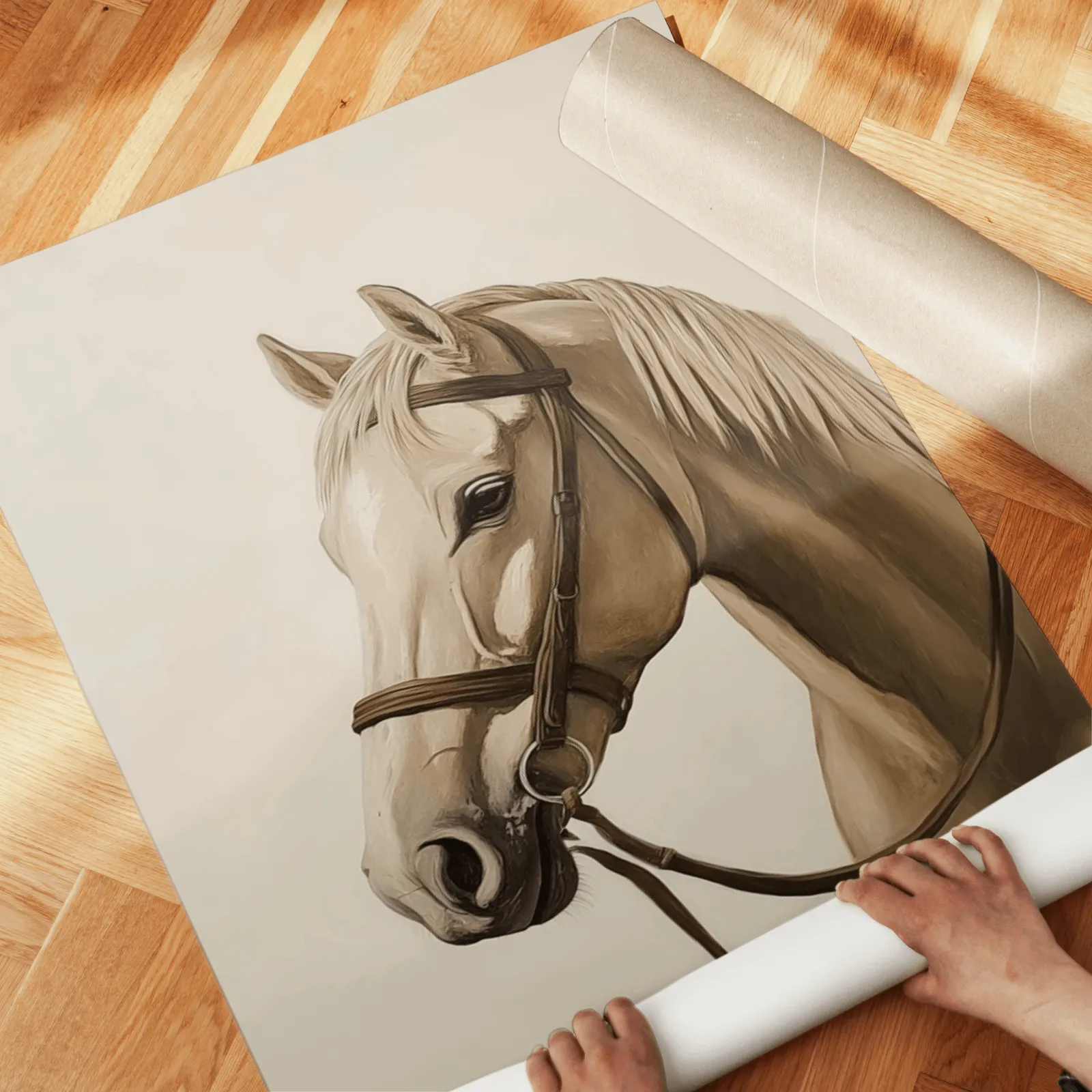western cowgirl and horse wall art set in beige and brown, unrolled across a herringbone parquet floor by hand