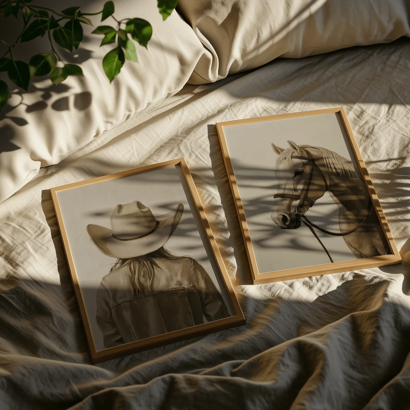 western cowgirl and horse wall art set in beige and brown, resting on rumpled linen sheets with dappled leaf shadows