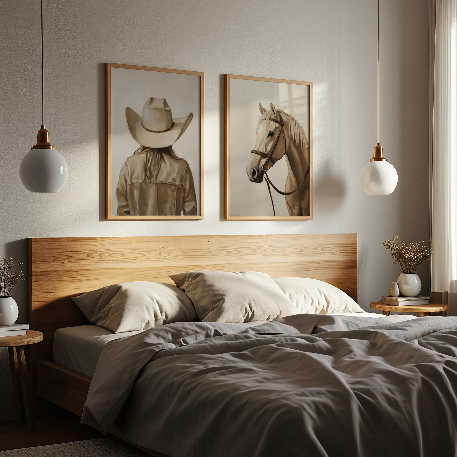 western cowgirl and horse wall art set in beige and brown, above a wooden headboard flanked by globe pendant lights