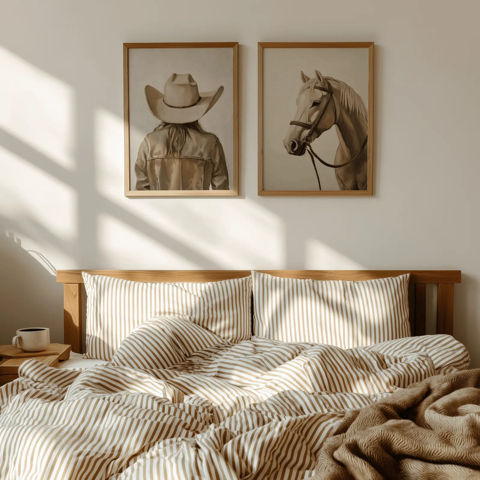 western cowgirl and horse wall art set in beige and brown, above a wooden headboard with striped bedding and raking sunlight
