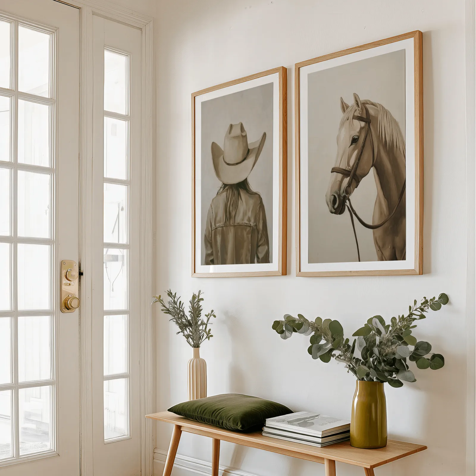 western cowgirl and horse wall art set in beige and brown, above a wooden bench with eucalyptus stems and a green cushion