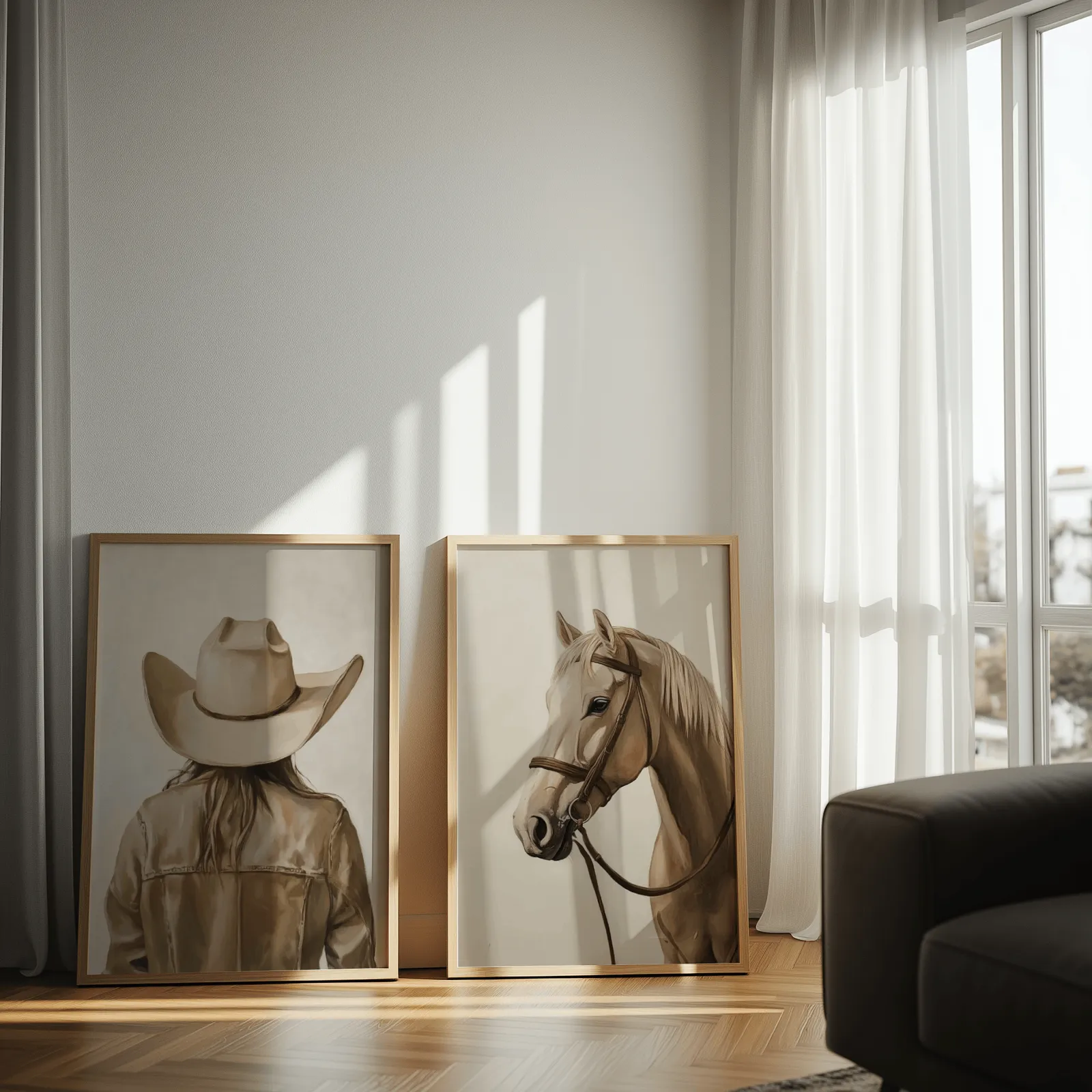 western cowgirl and horse wall art set in beige and brown, leaning against a sunlit wall by sheer curtains