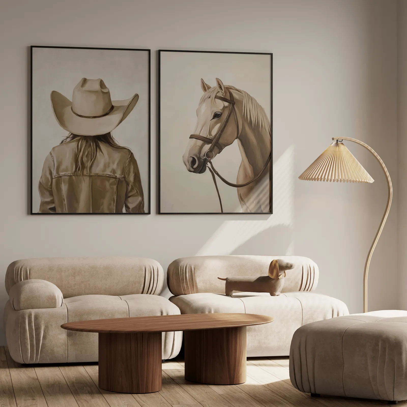 western cowgirl and horse wall art set in beige and brown, above a plush beige sofa with a pleated lamp nearby
