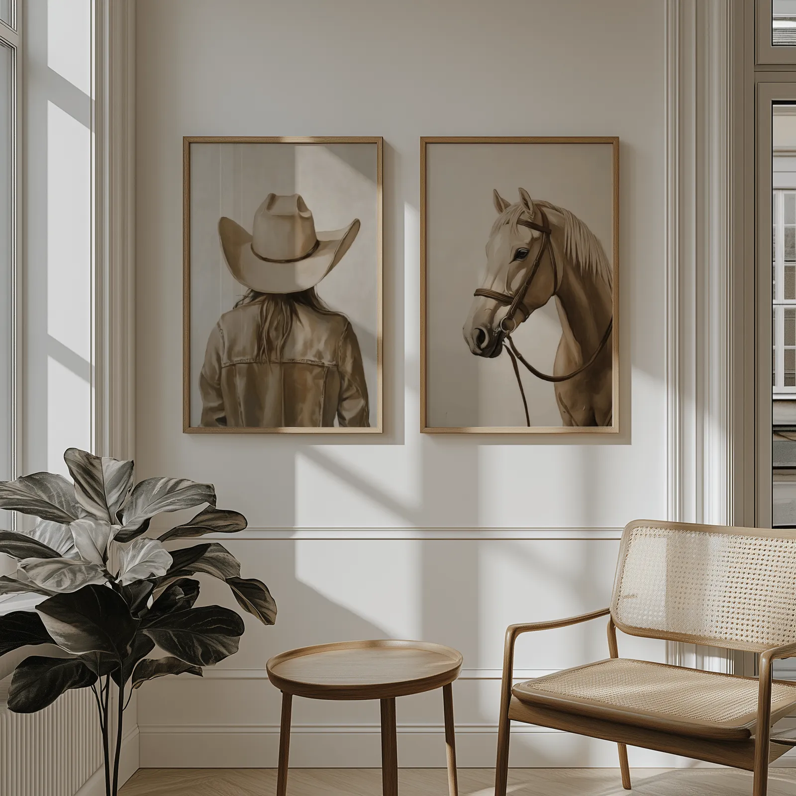 western cowgirl and horse wall art set in beige and brown, above wainscoting beside a cane armchair and fiddle-leaf fig