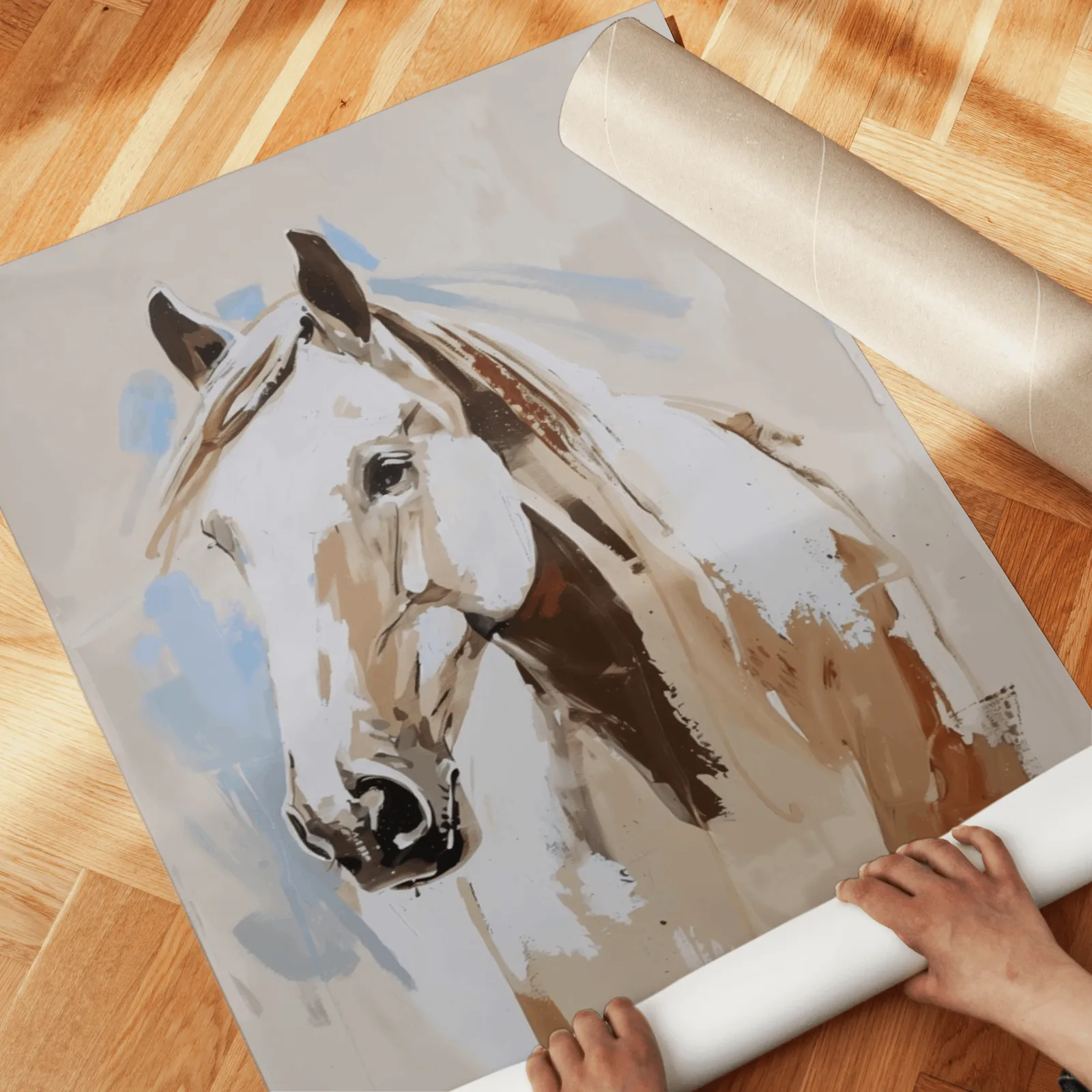 cowgirl and horse western wall art set of 2, unrolled across a herringbone parquet floor by hand