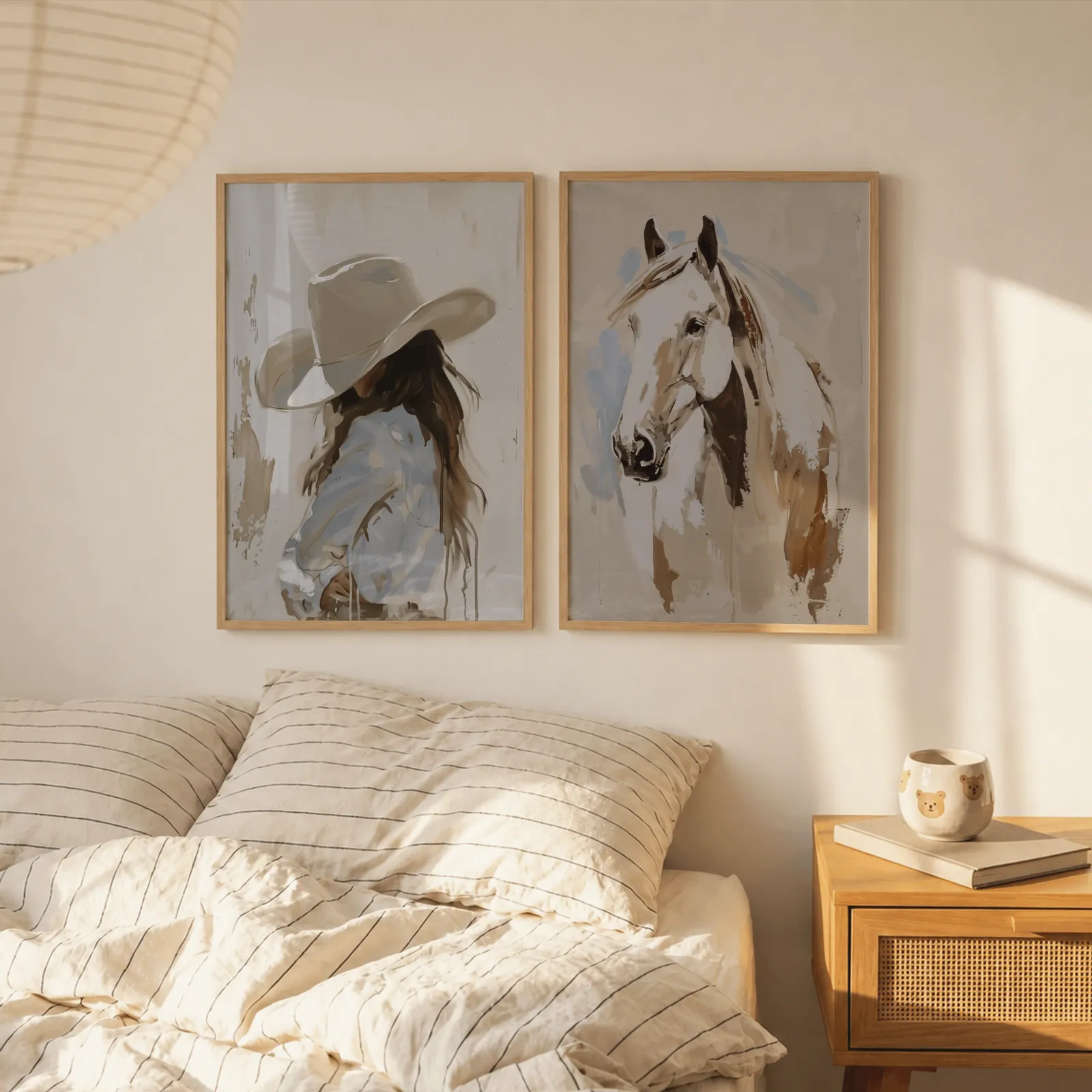 cowgirl and horse western wall art set of 2, above a striped linen bed beside a paper lantern shade