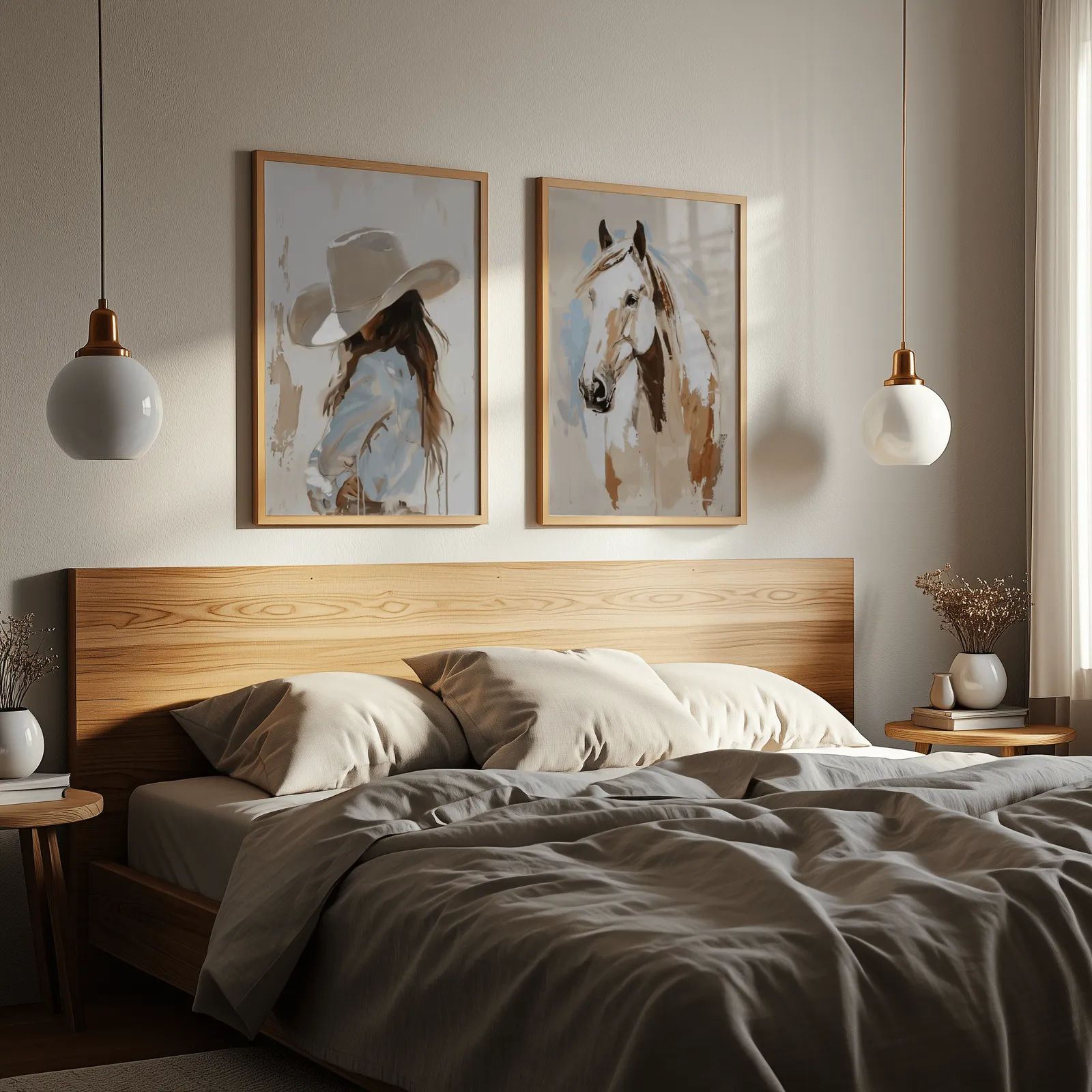 cowgirl and horse western wall art set of 2, above a wooden headboard flanked by globe pendant lights