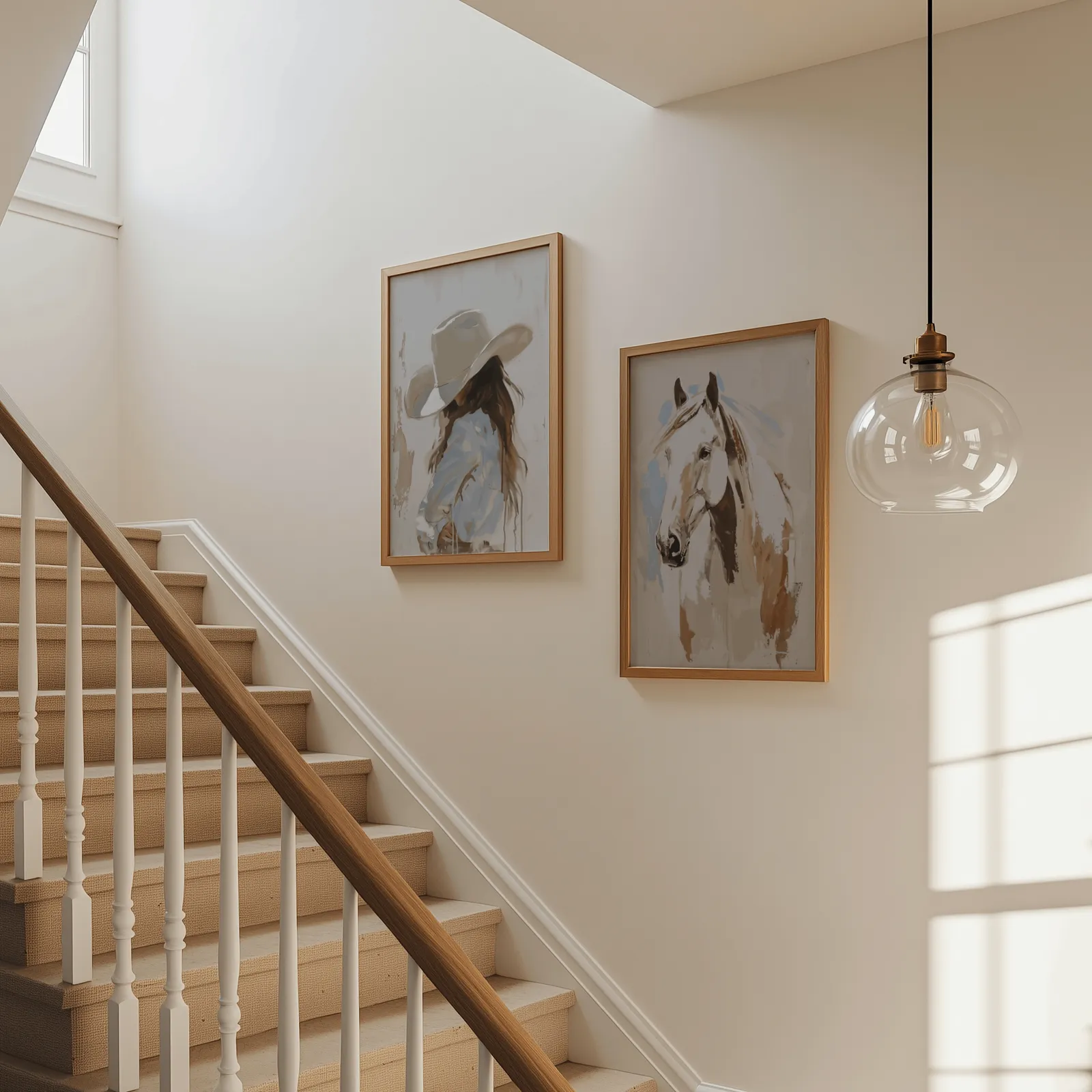 cowgirl and horse western wall art set of 2, beside a carpeted staircase under a glass pendant light