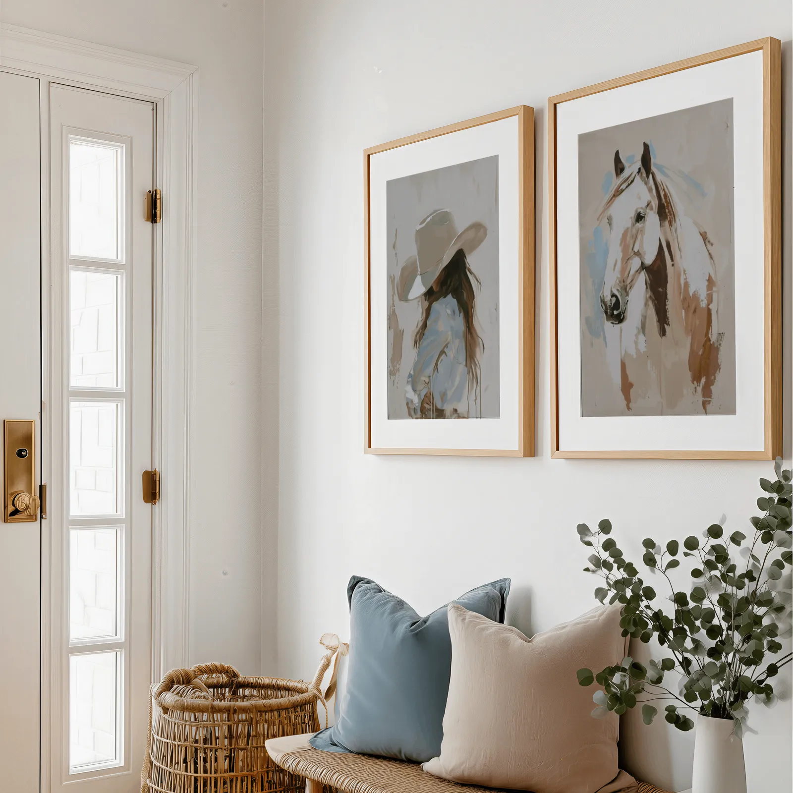 cowgirl and horse western wall art set of 2, above a bench with blue and blush pillows near the entry door