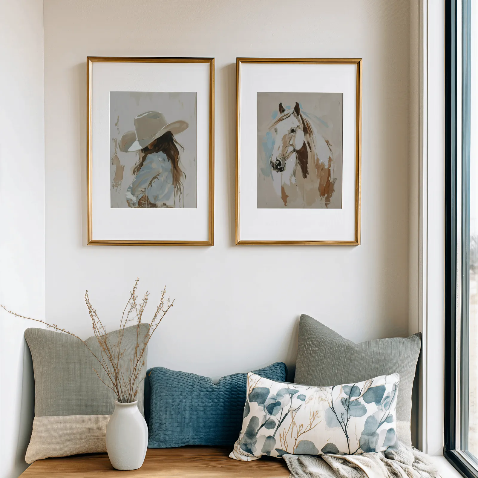 cowgirl and horse western wall art set of 2, above a cushioned window seat with sage and blue pillows