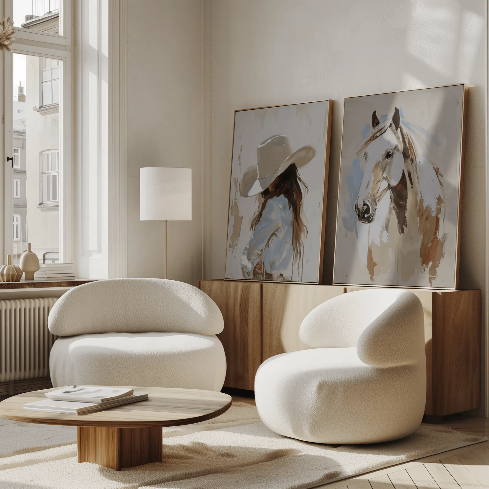 cowgirl and horse western wall art set of 2, propped against a wooden sideboard beside boucle armchairs