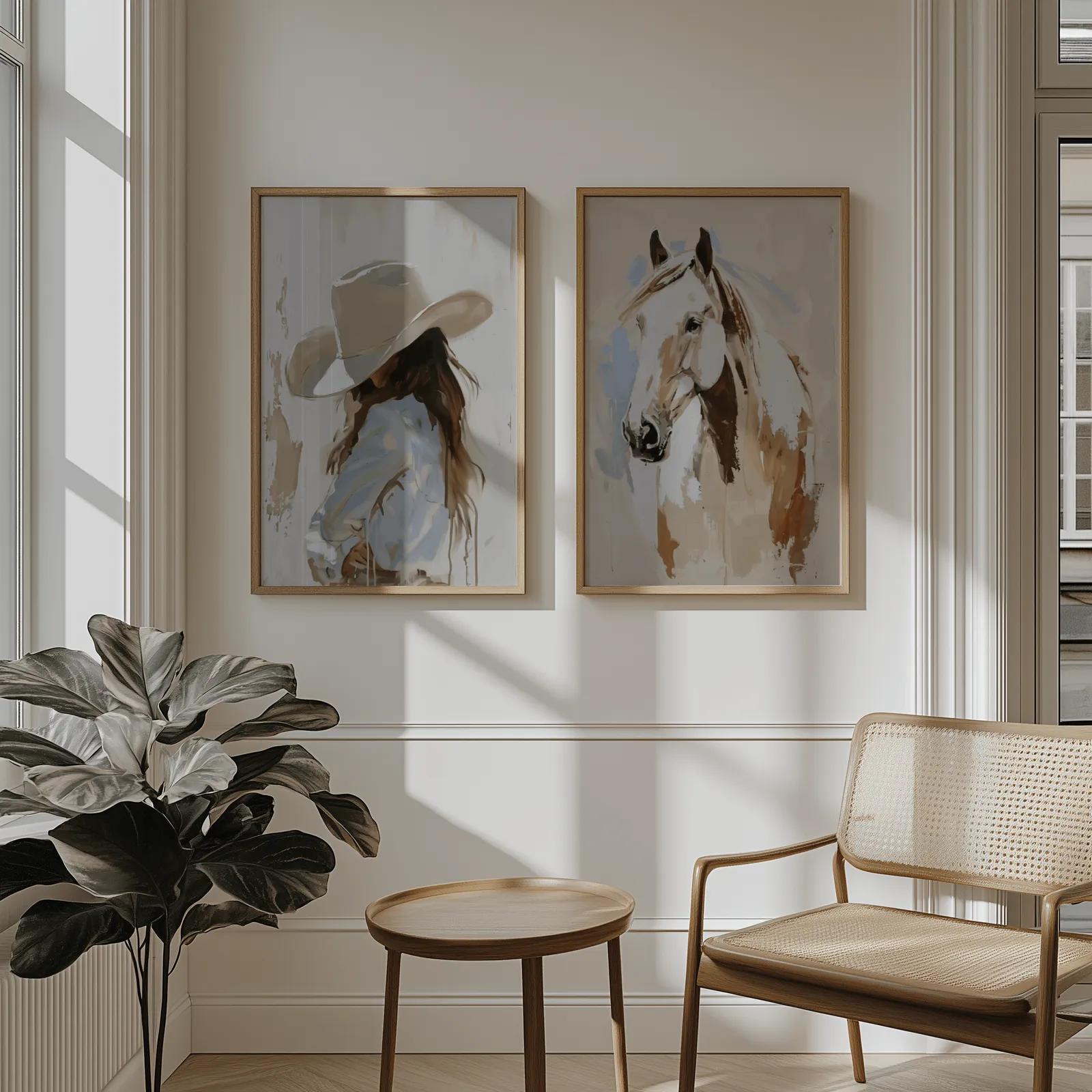cowgirl and horse western wall art set of 2, above wainscoting beside a cane armchair and fiddle-leaf fig
